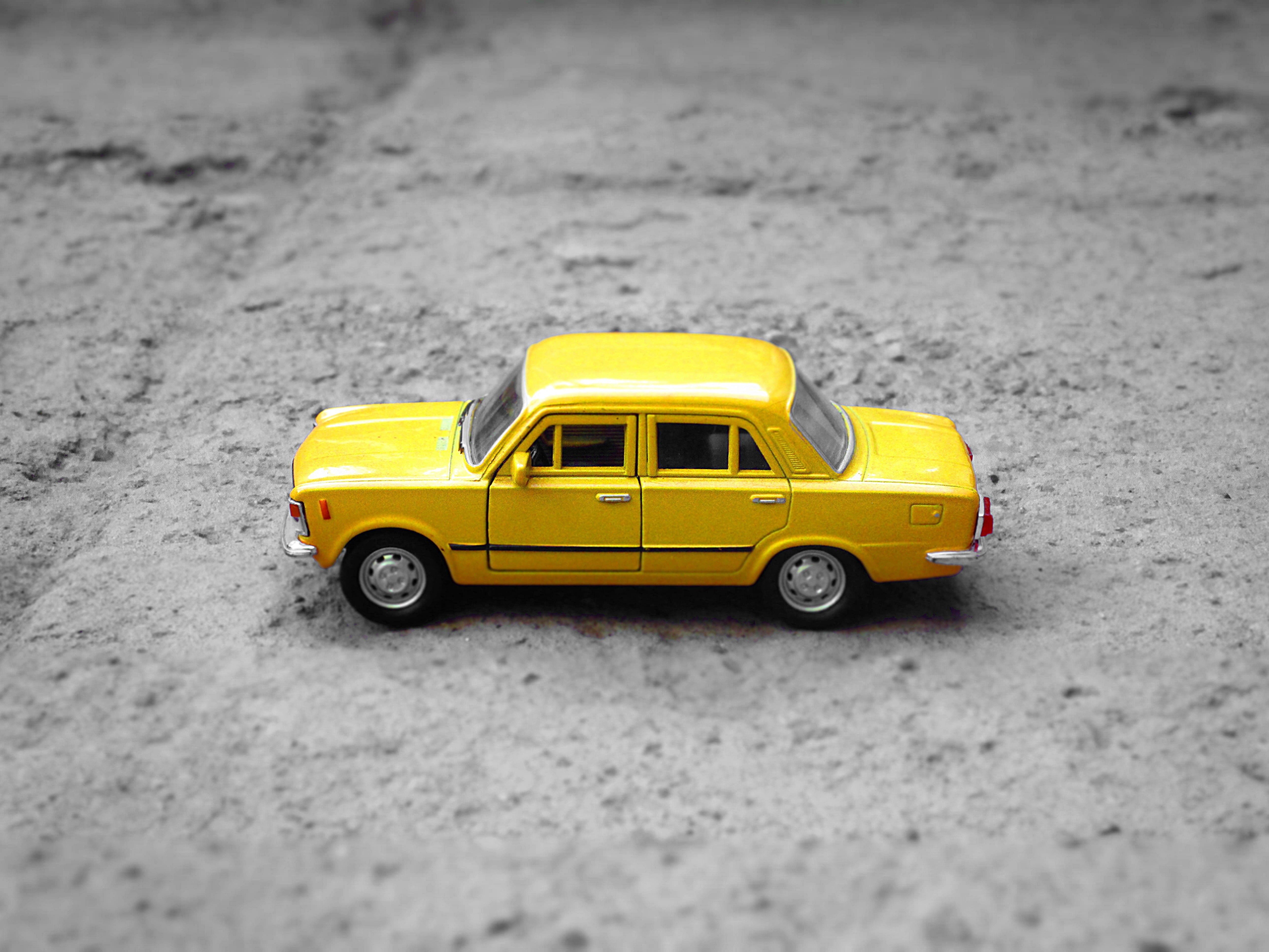 sedan, play, die, taxi, land vehicle, transportation, toy car, road, scale, motor vehicle, lada, car, cab, city, day, floor, model, yellow taxi, no people, HD Wallpaper