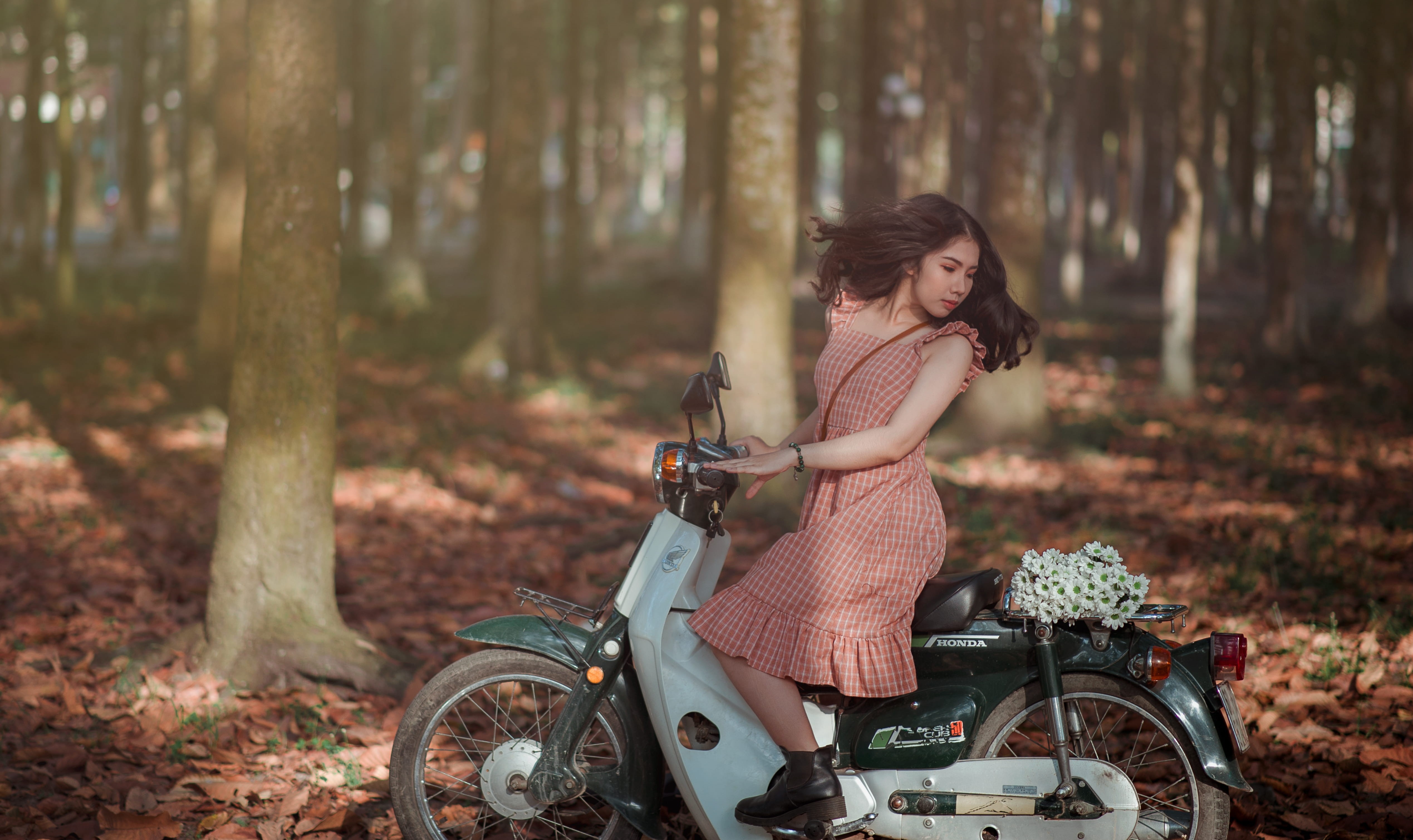 seated, grass, fashion, three quarter length, scooter, hair, young adult, sitting, blur, adult, one person, jungle, wear, looking, motorcycle, park, wheels, HD Wallpaper
