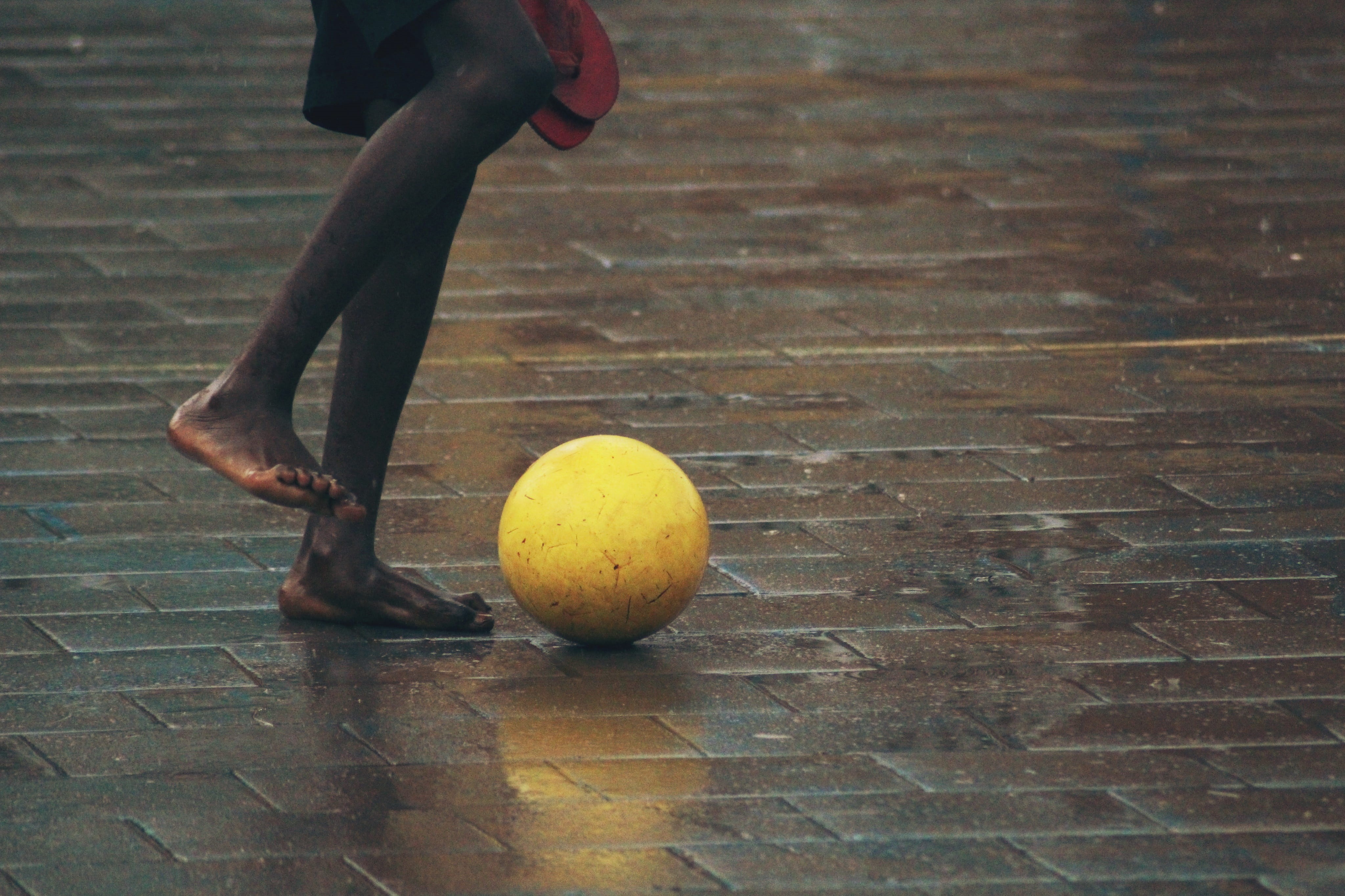 standing, brick, african american, rain, soccer, footpath, 4K, outdoors, male, lifestyles, paving stone, floor, front, sport, day, playing, ball, football, HD Wallpaper