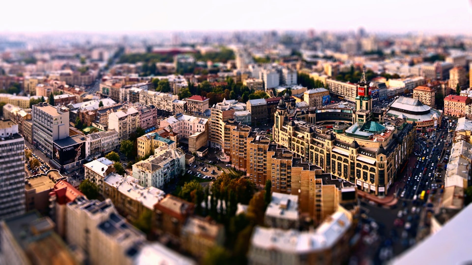 tilt-shift, street, panoramic, urban Skyline, capital Cities, architecture, office building exterior, selective focus, tilt, high, tilt shift, Kiev, tower, HD Wallpaper