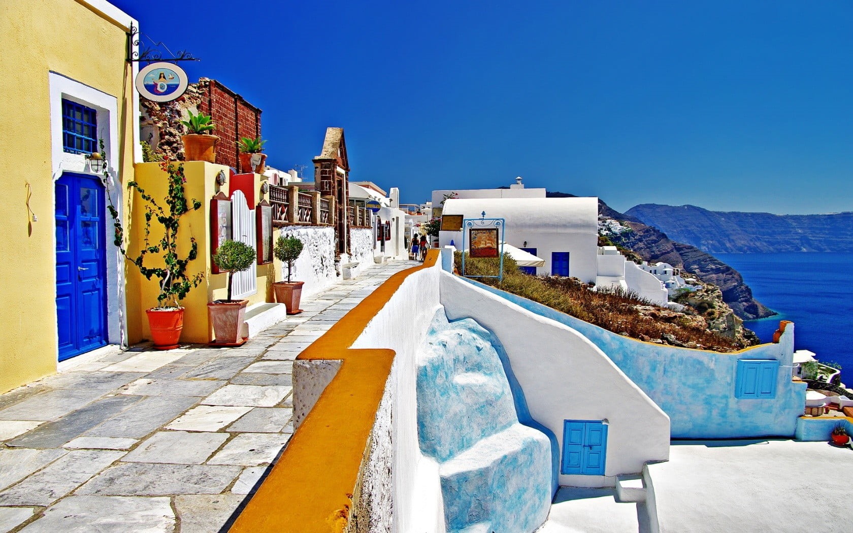 water, 720P, sky, the way forward, nature, footpath, painted, sea, built structure, travel destinations, yellow, architecture, house, blue, day, building exterior, HD Wallpaper