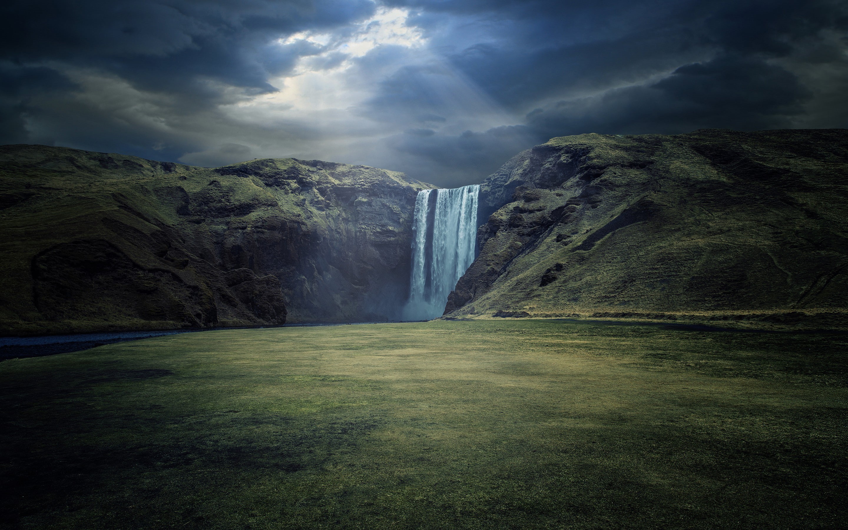 hill, sun, waterfall, field, clouds, 2K, rays, nature, landscape, HD Wallpaper