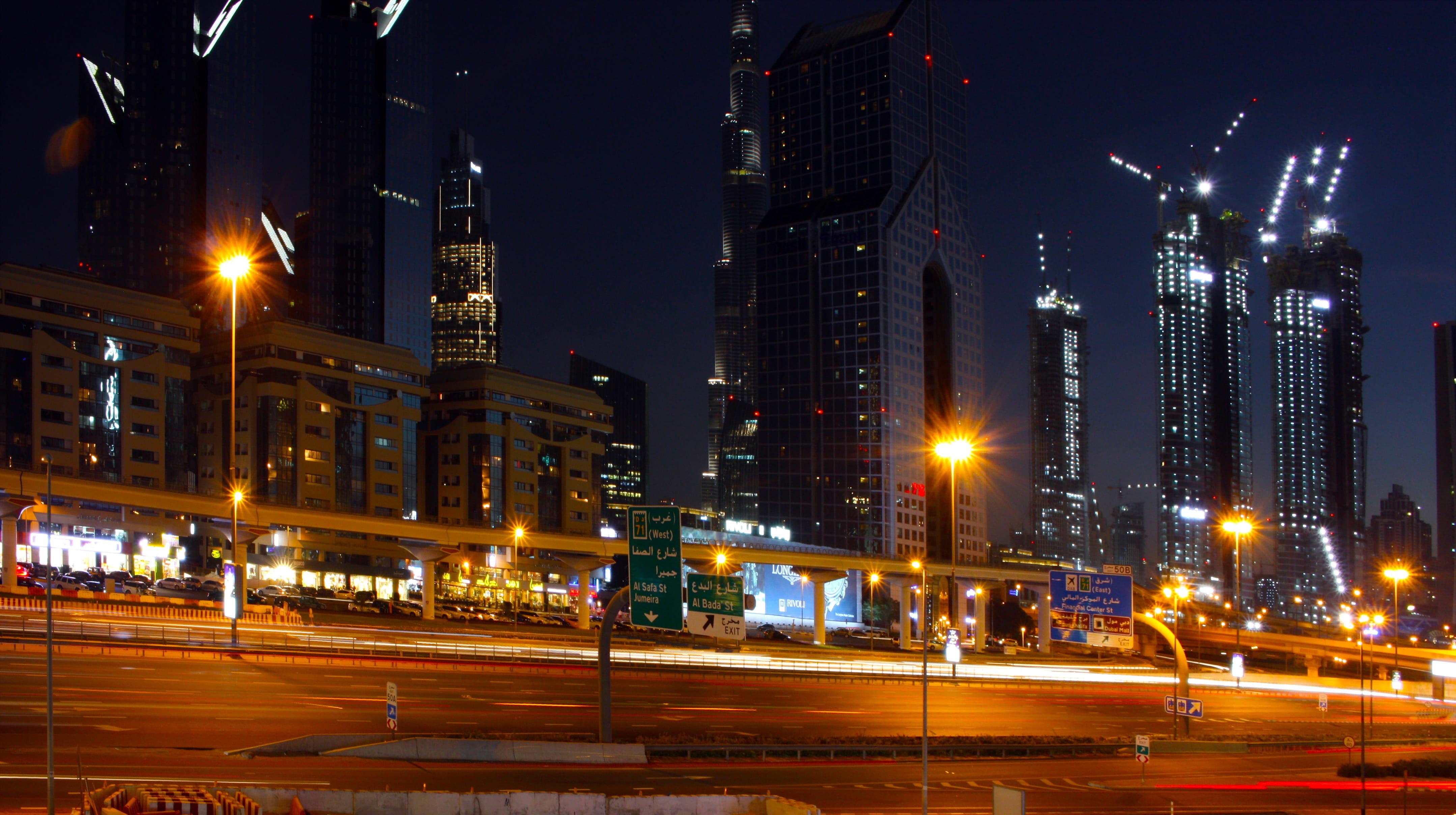 road, architecture, 4K, no people, outdoors, building exterior, street light, illuminated, urban, Sheikh Zayed Road, cityscape, building, city street, HD Wallpaper