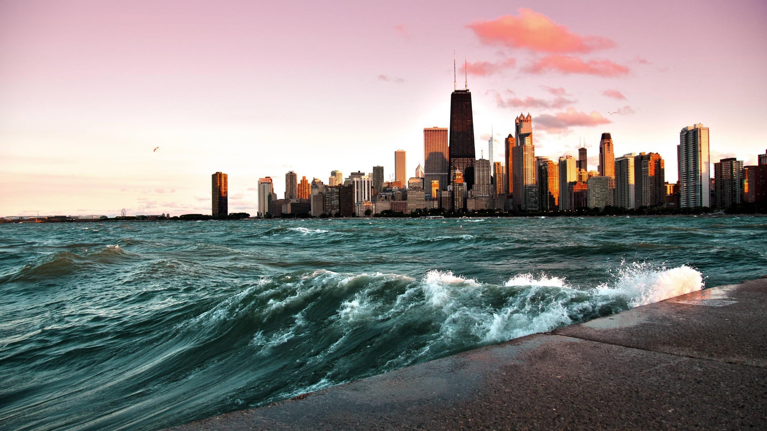 modern, architecture, photography, tall - high, skyscraper, building, travel destinations, sea, landscape, wave, outdoors, city, aquatic sport, waves, motion, HD Wallpaper