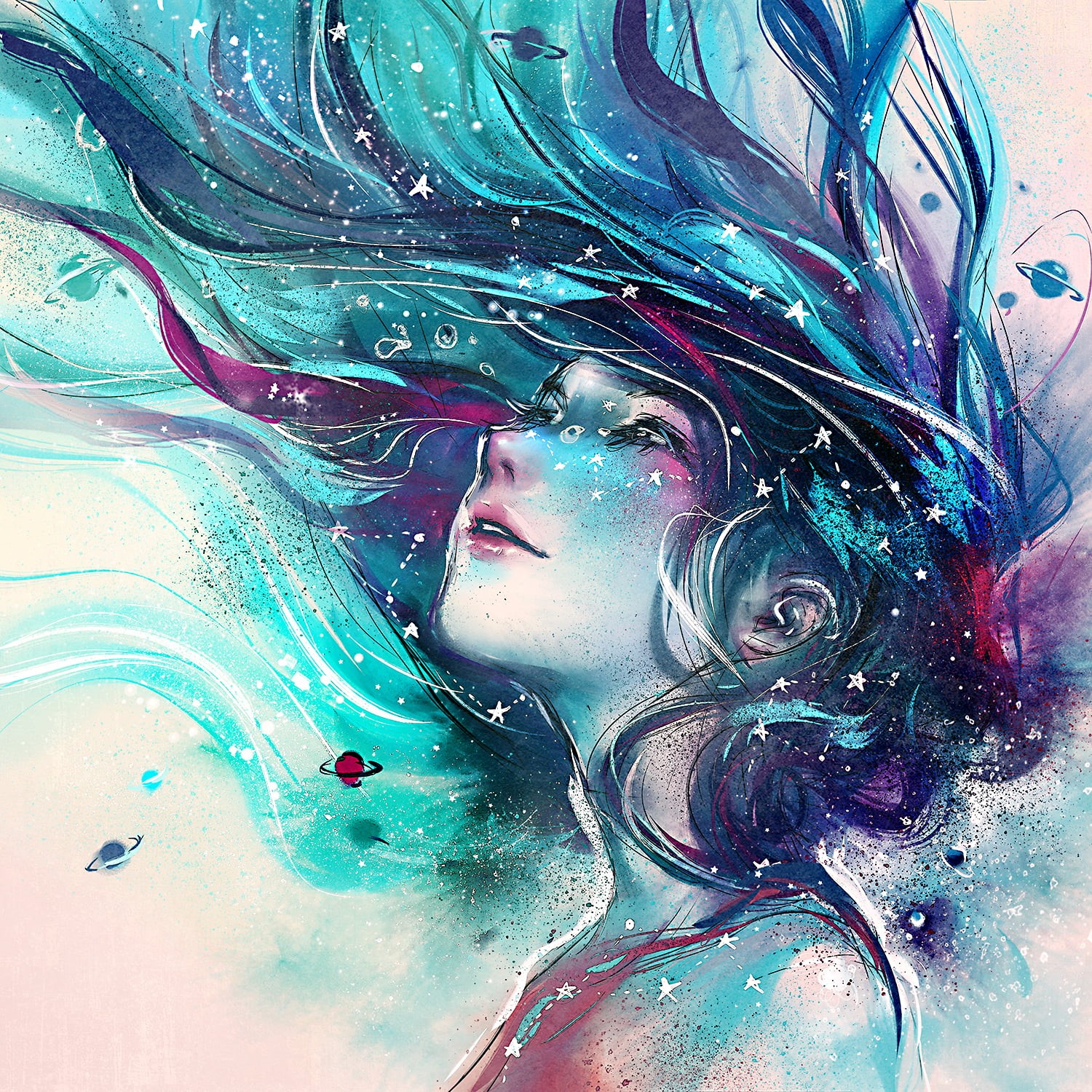 painting, 720P, galaxy, Yuumei, wavy hair, women, stars, planet, tribute, digital art, Phone HD Wallpaper