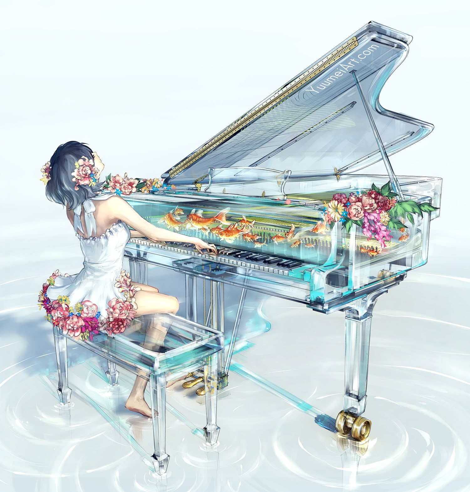 fish, Yuumei, piano, 720P, anime, Phone HD Wallpaper
