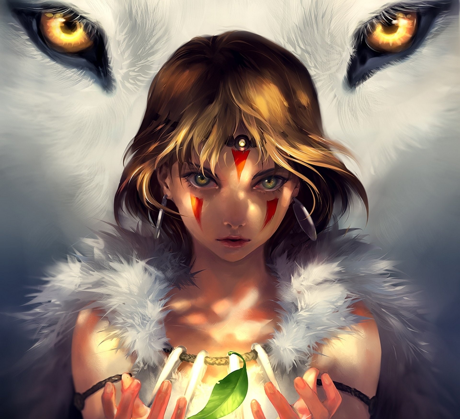 front view, feather, Mononoke, look, real people, digital composite, art, anime, San, Hime, Magic, Moro, wolf, girl, forest, portrait, young women, no, HD Wallpaper