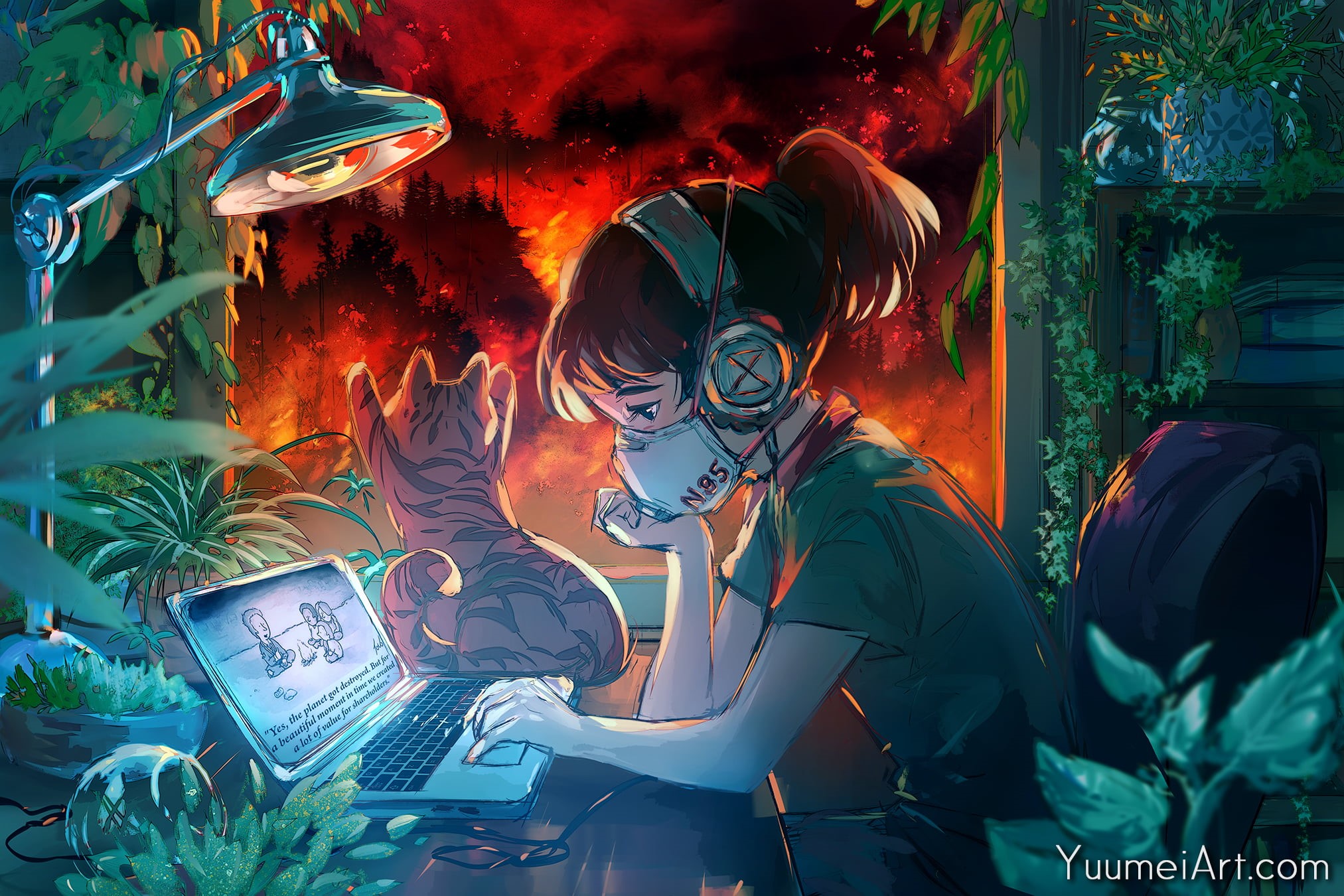 drawing, window, children, apocalyptic, Yuumei, cats, 1080P, plants, laptop, animals, mask, headphones, fire, forest, HD Wallpaper
