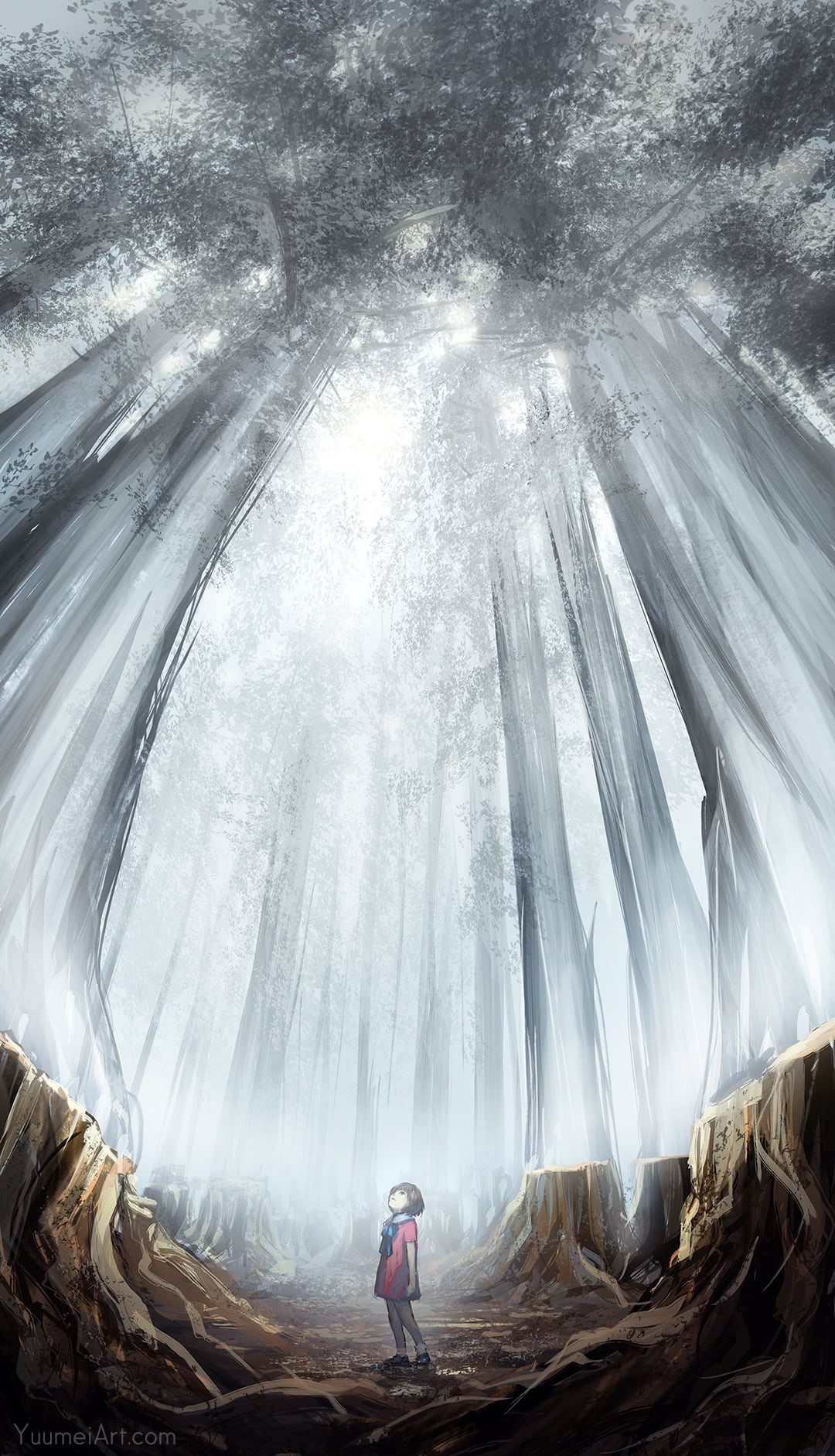 children, forest, 720P, tree stump, digital art, mist, Yuumei, looking up, Phone HD Wallpaper