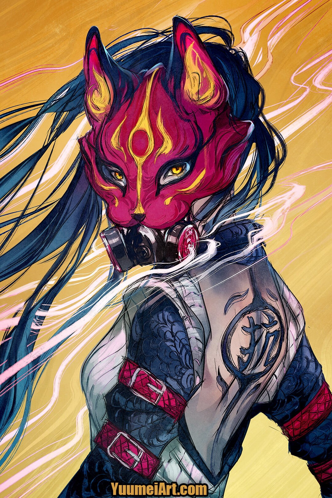 Yuumei, yellow eyes, smoke, minimalism, 720P, illustration, gas masks, Phone HD Wallpaper