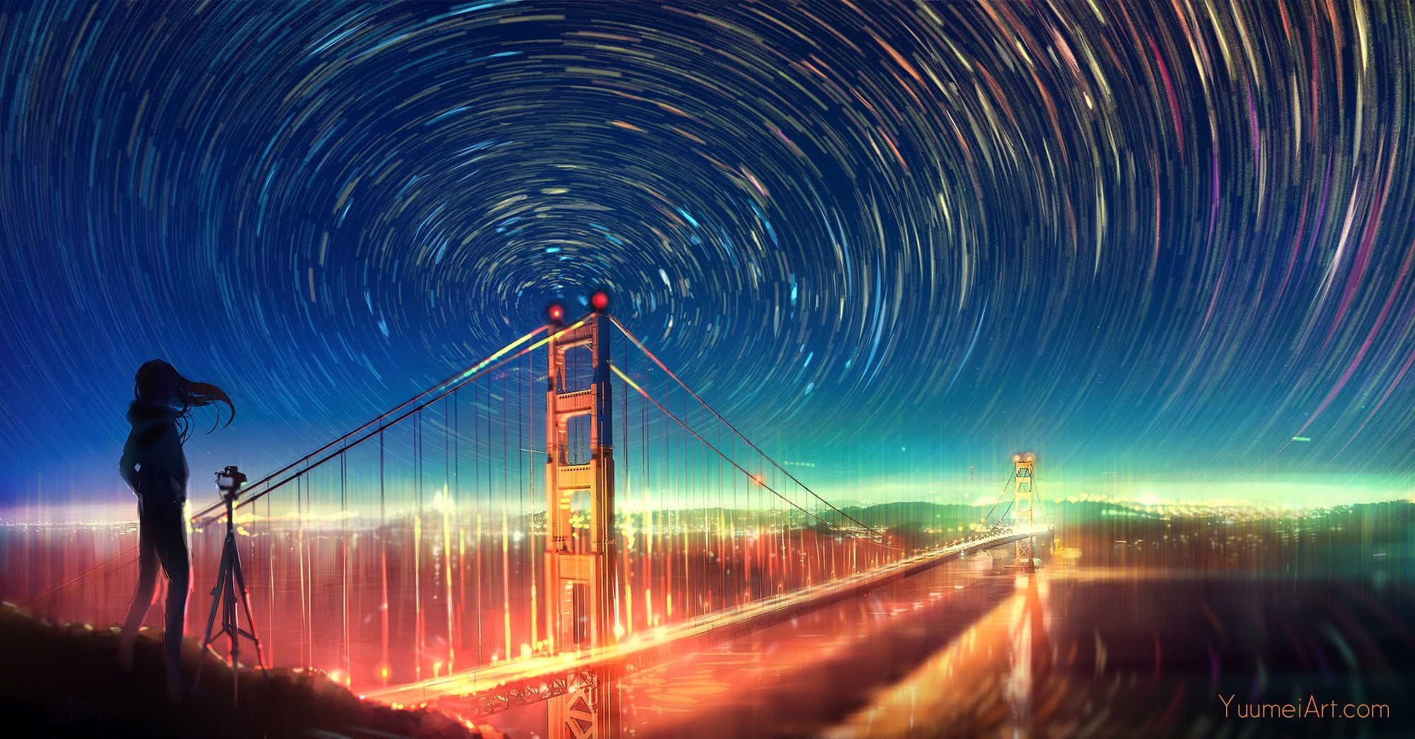 bridge, Yuumei, city lights, sky, 1080P, stars, wind, long exposure, cityscape, HD Wallpaper