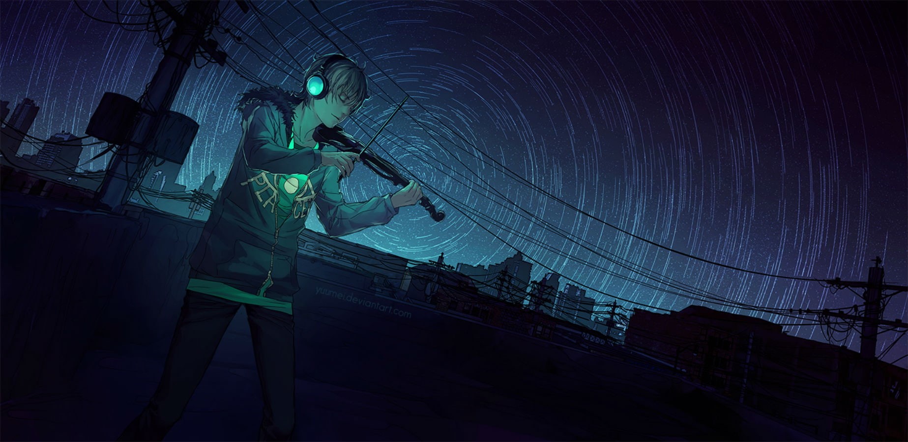 instrument, night, 720P, hair, violin, watermark, white, city, frey, stars, short, fisheye, headphones, placebo, yuumei, HD Wallpaper