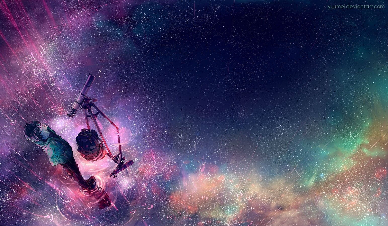 watermark, water, black, 720P, rain, short, male, original, hair, scenic, glasses, yuumei, stars, HD Wallpaper