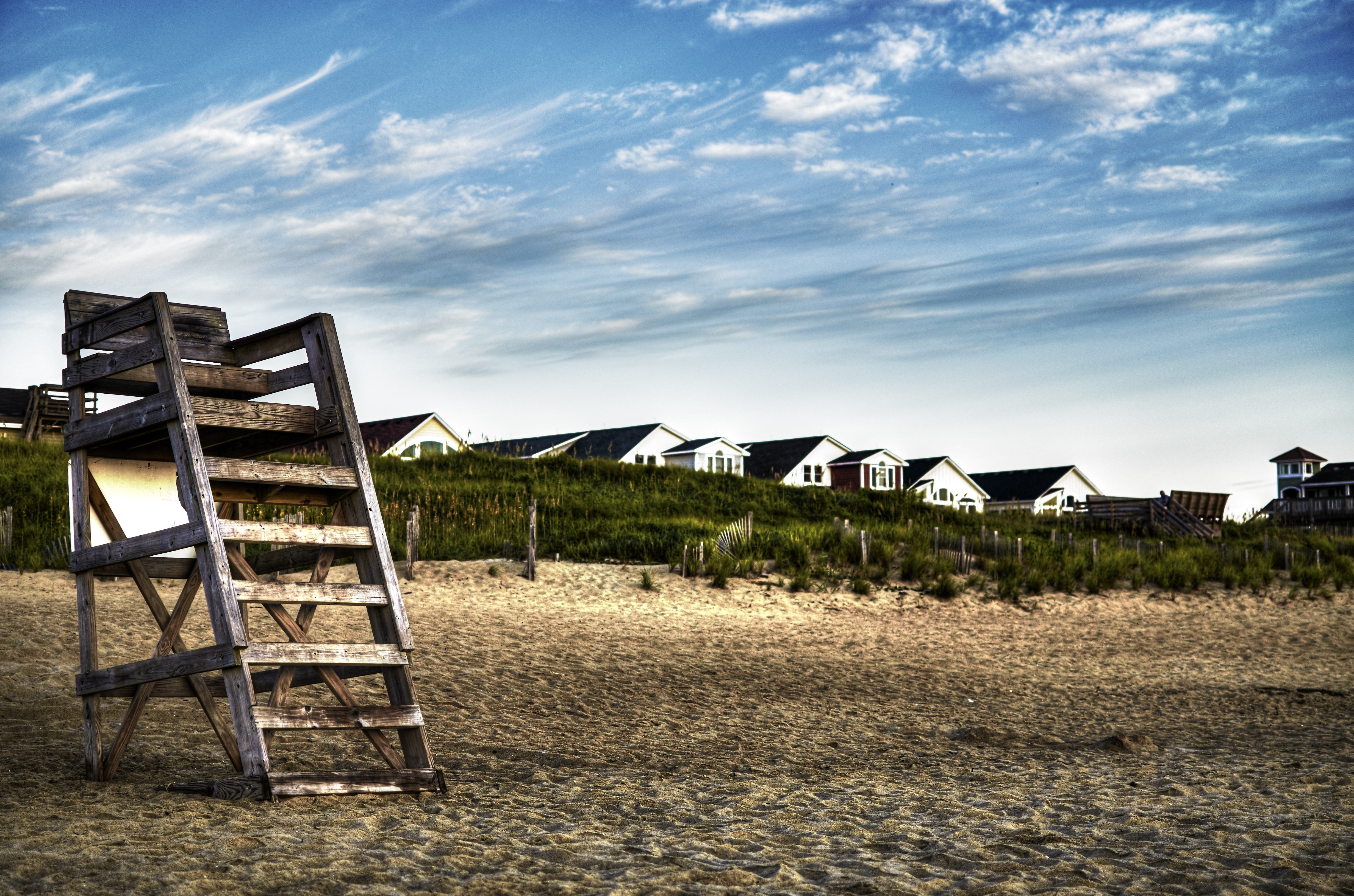 cloud - sky, north, beach, summer, grass, no people, seashore, sky, wood - material, plant, Outer Banks, tranquility, atlantic, hut, 4K, sand, scenic, HD Wallpaper