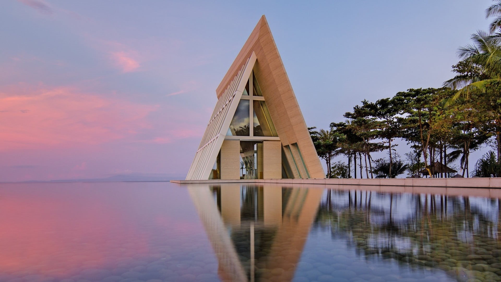 water, beauty in nature, wooden, modern, built structure, triangle, lake, nature, 1080P, tree, outdoors, pool, plant, swimming pool, house, no people, HD Wallpaper