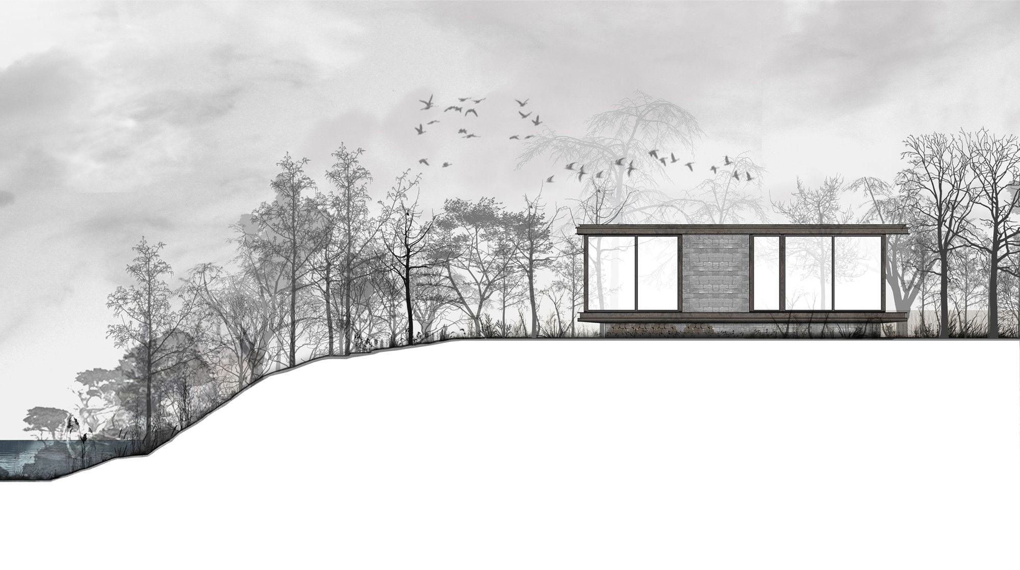 water, snowing, cold temperature, brown, CGI, land, house, render, architecture, window, extreme weather, Villa Kogelhof, trees, modern, 1080P, nature, HD Wallpaper