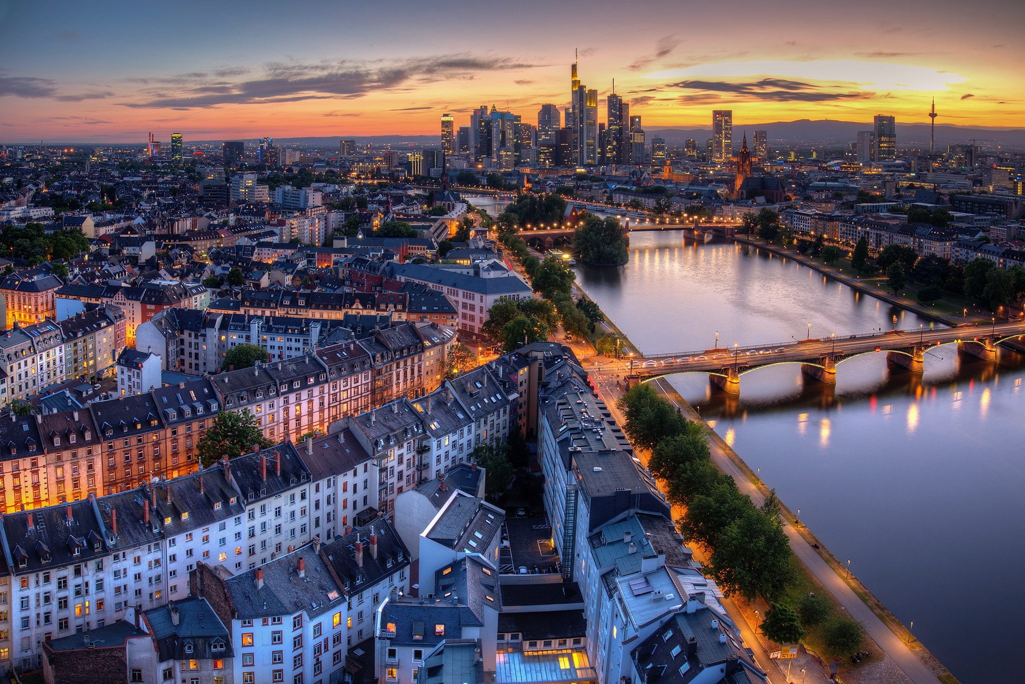 Germany, bridge, city, lights, evening, river, Frankfurt, 1080P, HD Wallpaper