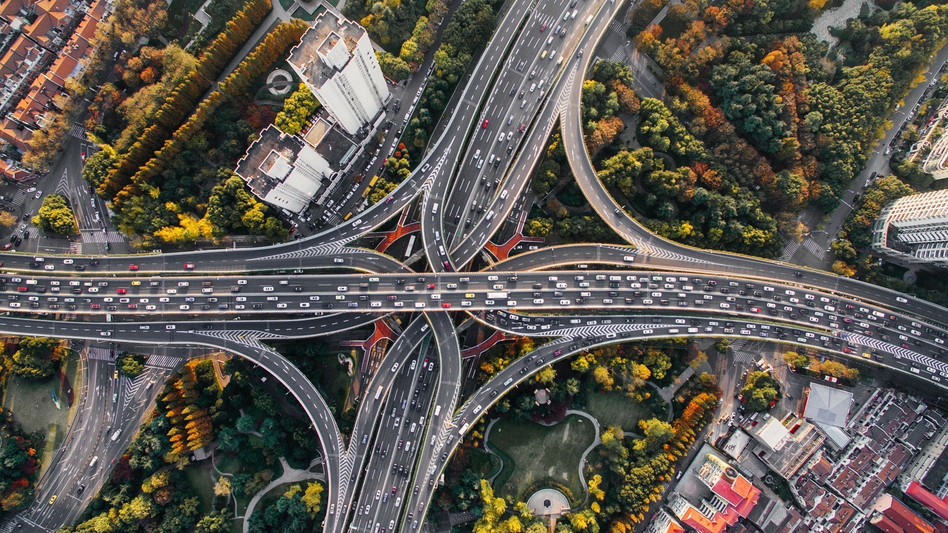 1080P, trees  architecture  China  birds eye view  interchange  car  crossroads  highway  city  Shanghai  cityscape  building  aerial view  traffic  road, HD Wallpaper