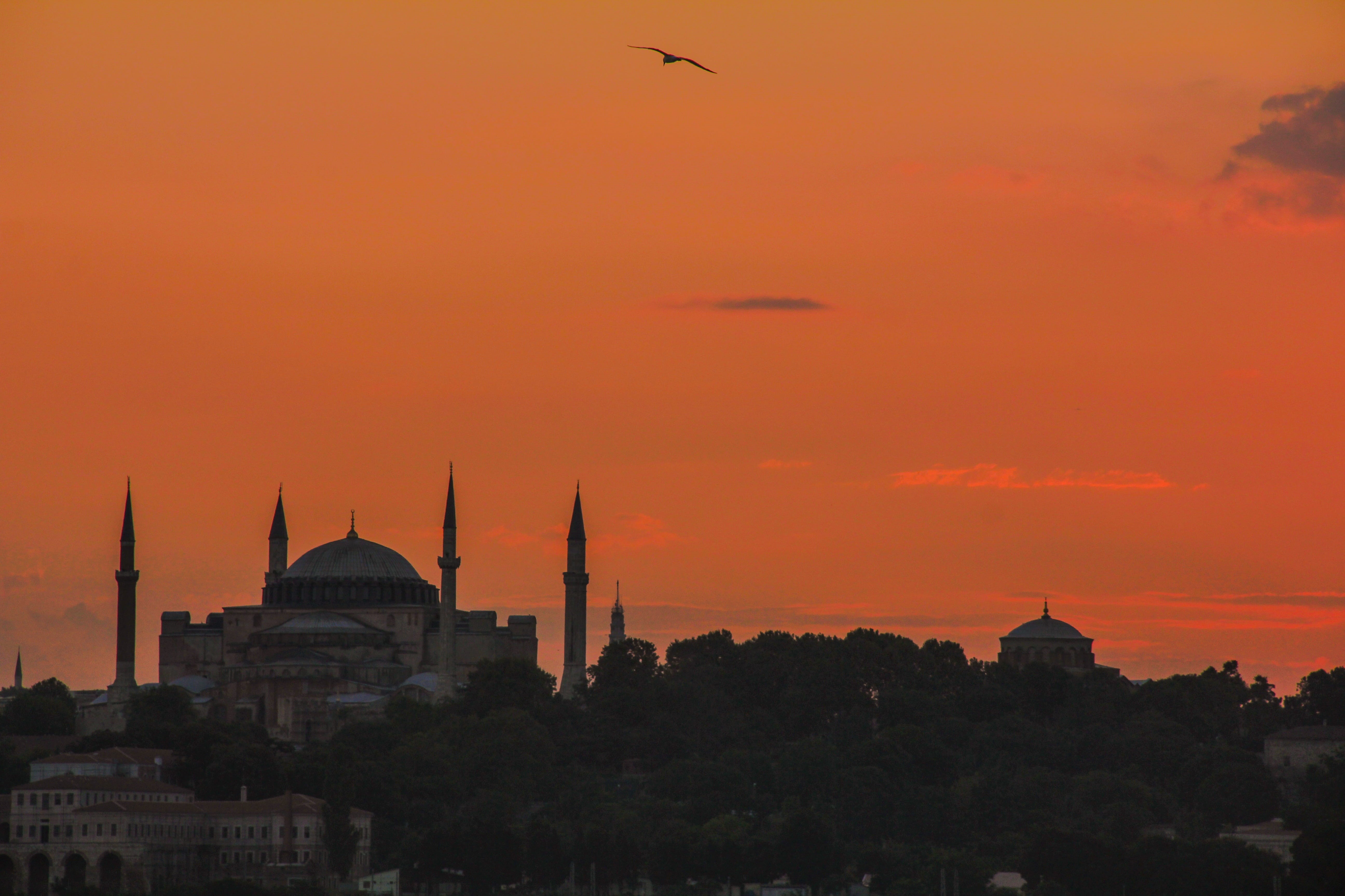 sunset, landmark, ancient, spirituality, building, travel, nature, 5K, mosque, architecture, hagiasophia, evening, built structure, place of worship, turkey, HD Wallpaper