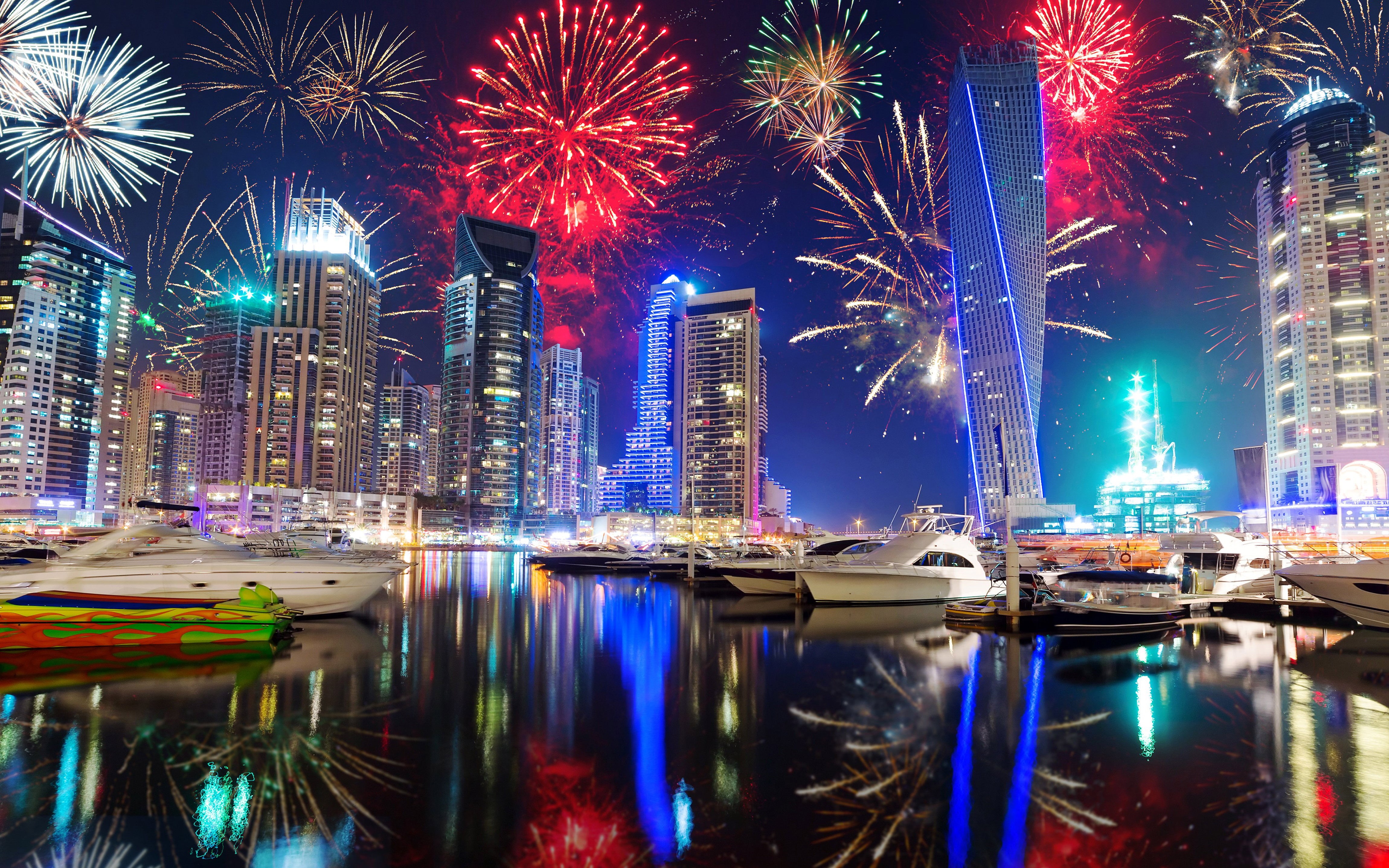 no people, waterfront, night, skyscraper, holidays, united, building, reflection, modern, built structure, arab, city life, motion, architecture, HD Wallpaper