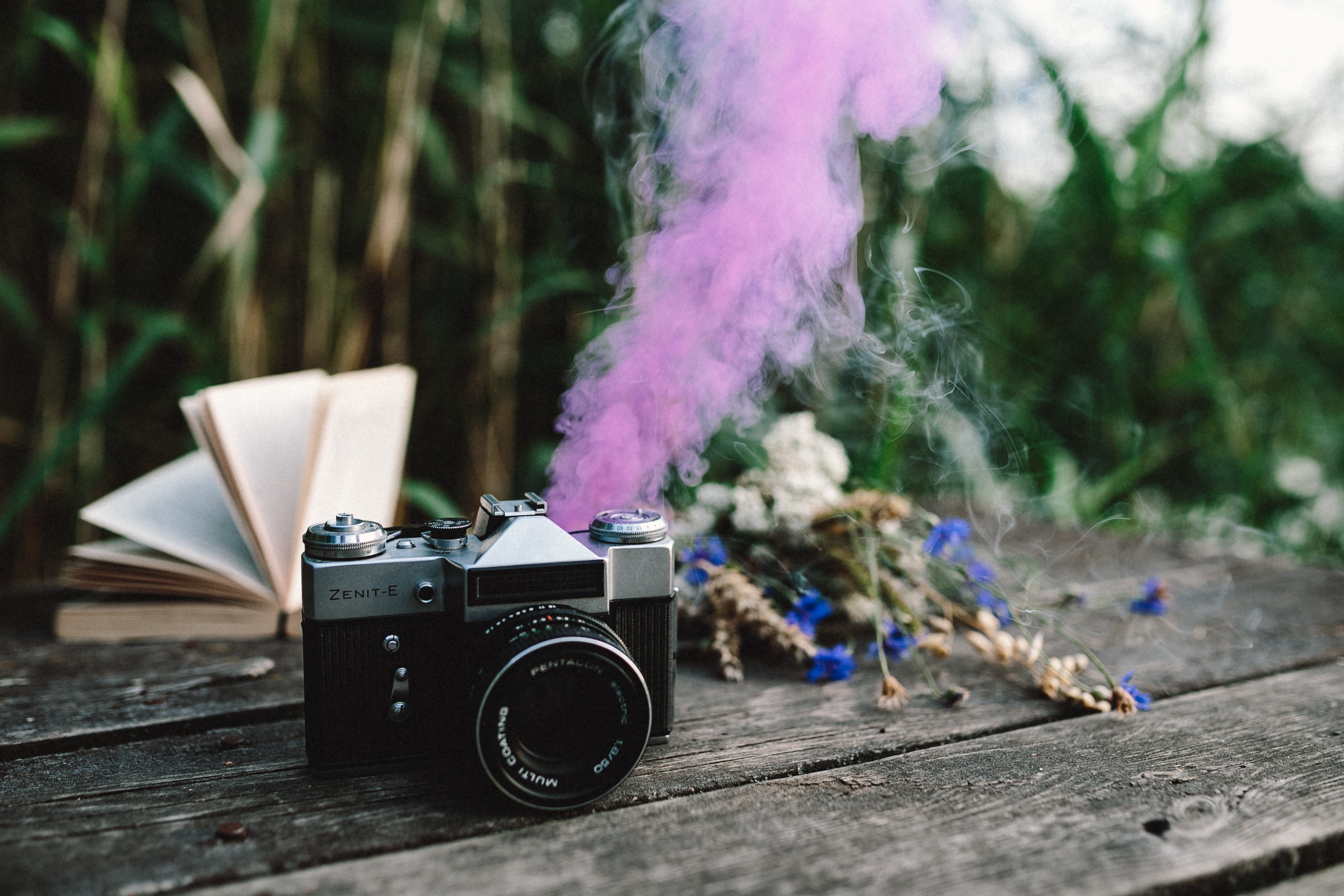 activity, creativity, motion, 4K, smoke bomb, technology, nature, wooden pier, smoke, photography themes, wooden desk, photographic equipment, camera, HD Wallpaper