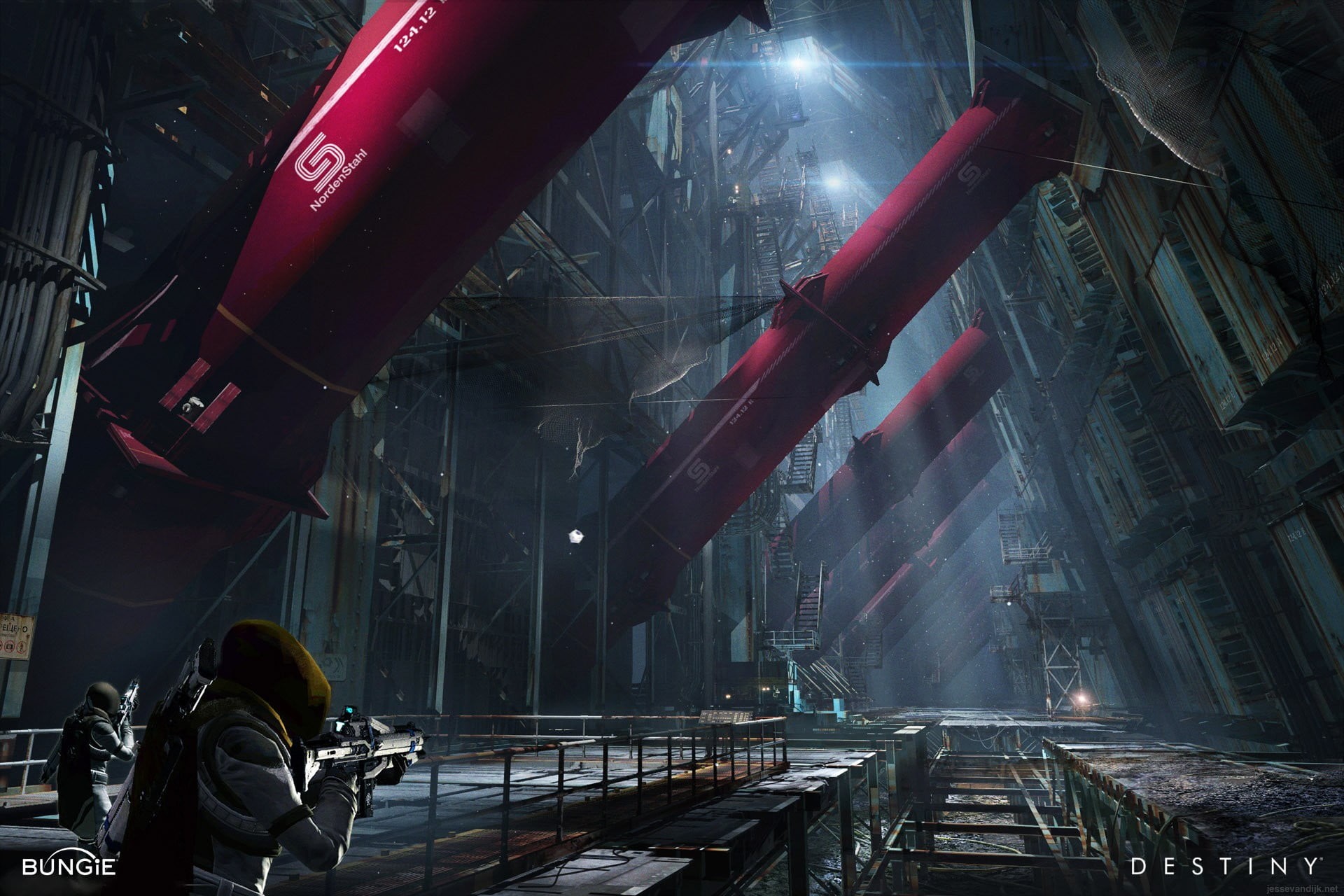 Destiny (video game), digital, protective workwear, rear view, metal industry, occupation, technology, machinery, standing, factory, industrial equipment, HD Wallpaper
