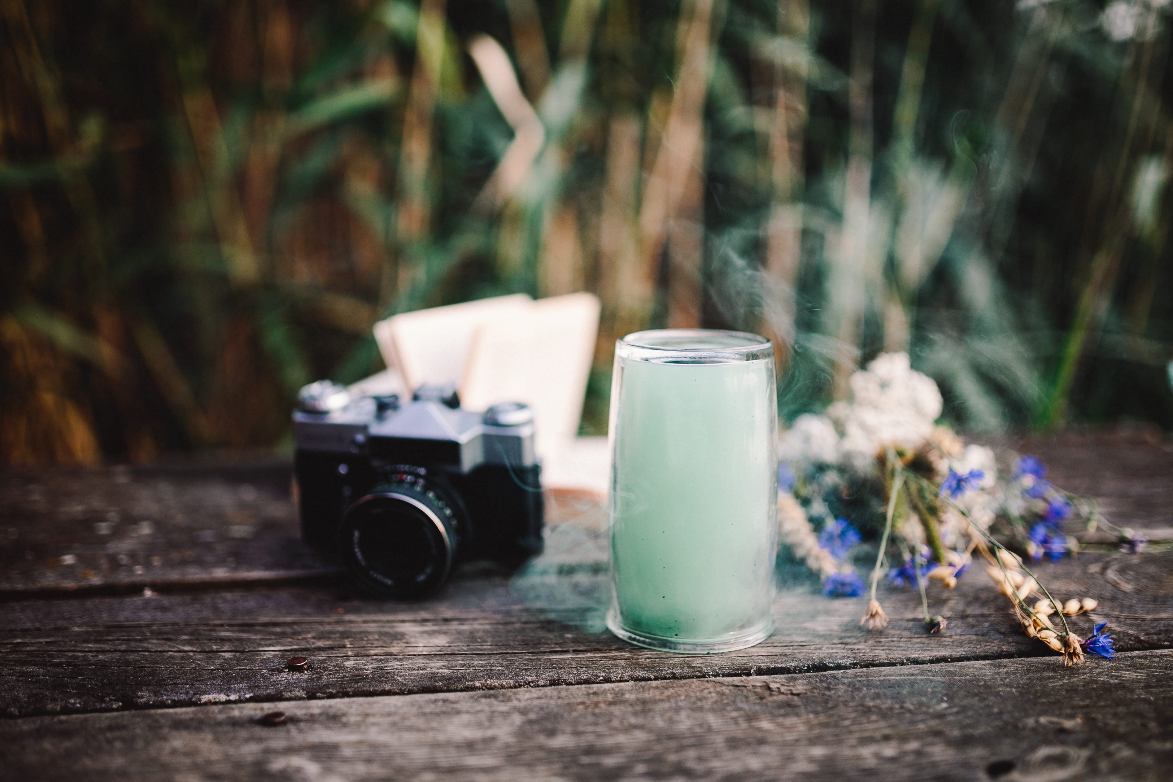 old-fashioned, drinking glass, household equipment, wooden pier, focus on foreground, no people, fun, smoke, refreshment, outdoors, wooden desk, flower, HD Wallpaper