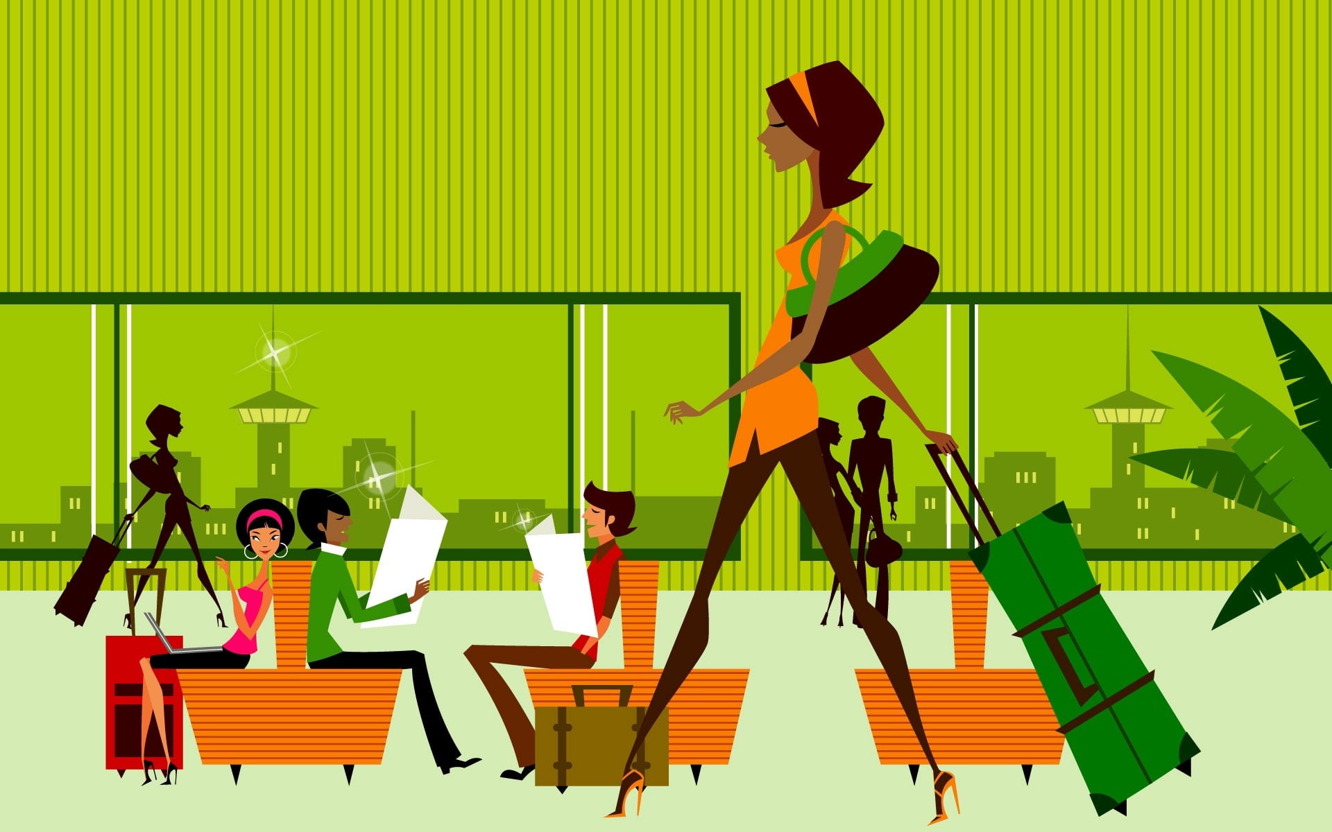 business, 1080P, woman, waiting, group of people, silhouette, women, arts culture and entertainment, suitcase, illustration, stage - performance space, HD Wallpaper
