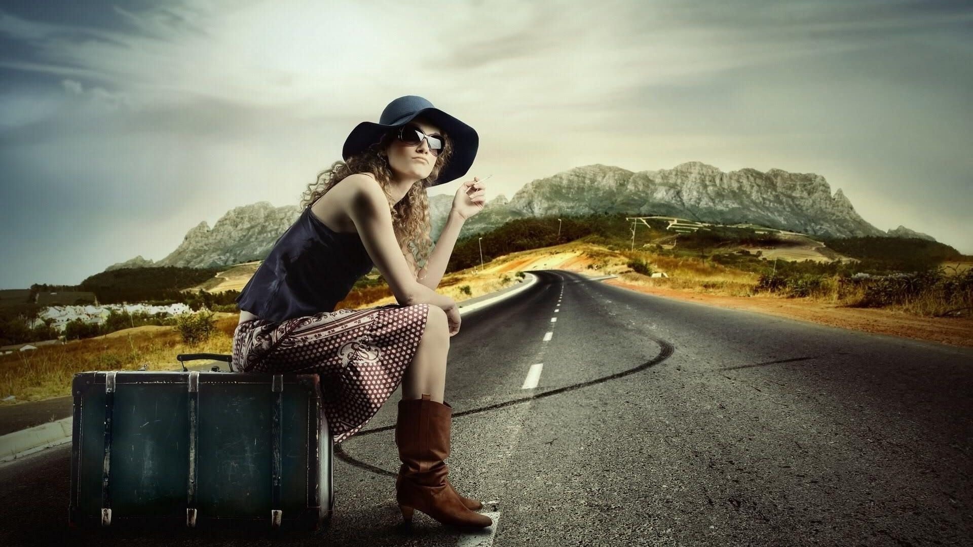 1080P, travel, leisure activity, luggage, transportation, casual clothing, cloud - sky, women with shades, sky, wearing, road, one person, full length, HD Wallpaper