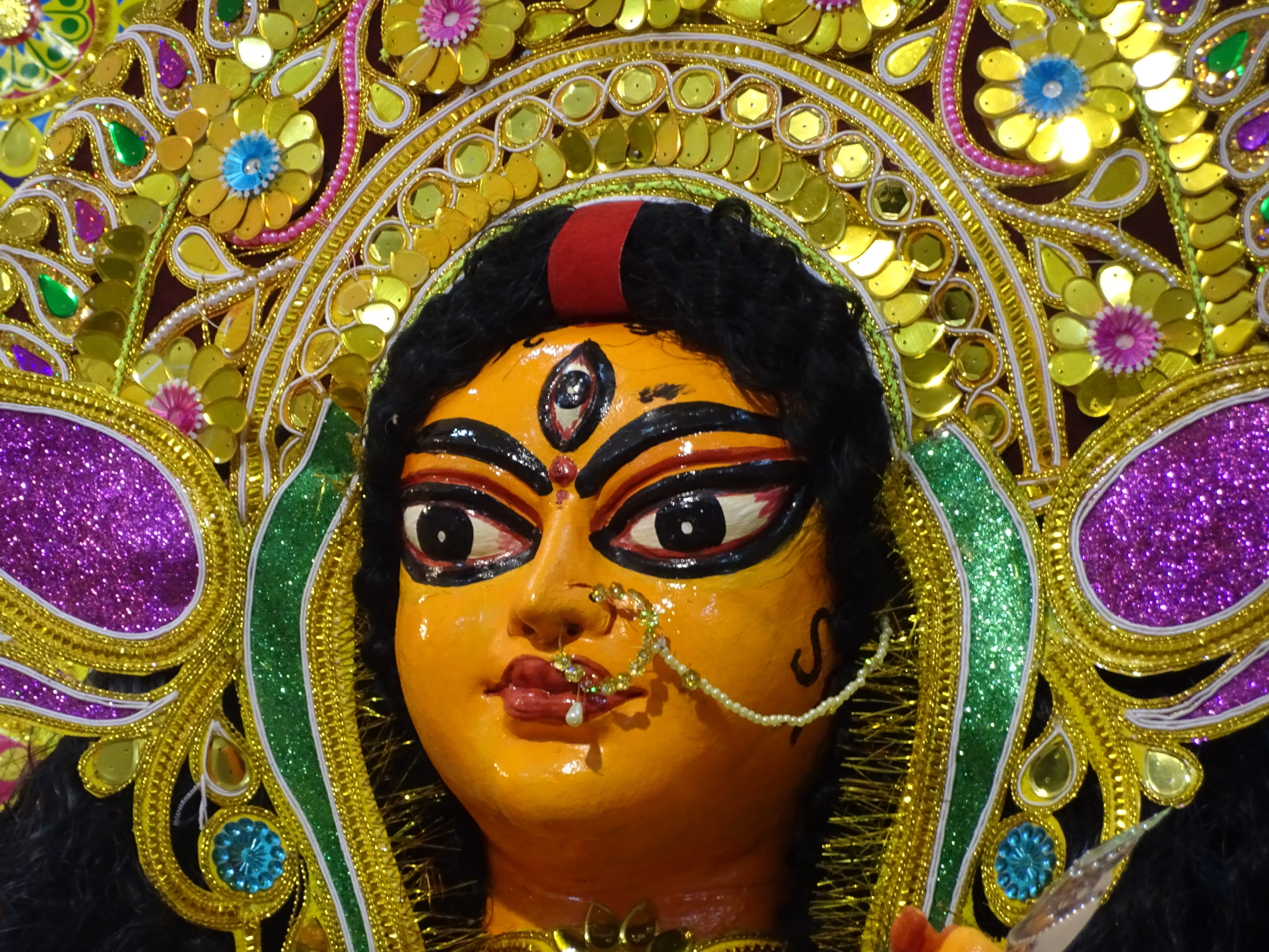 gold, portrait, indian, art and craft, mandir, traditional festival, multi colored, real people, festival, pingboni, mask - disguise, color, durga, close-up, HD Wallpaper