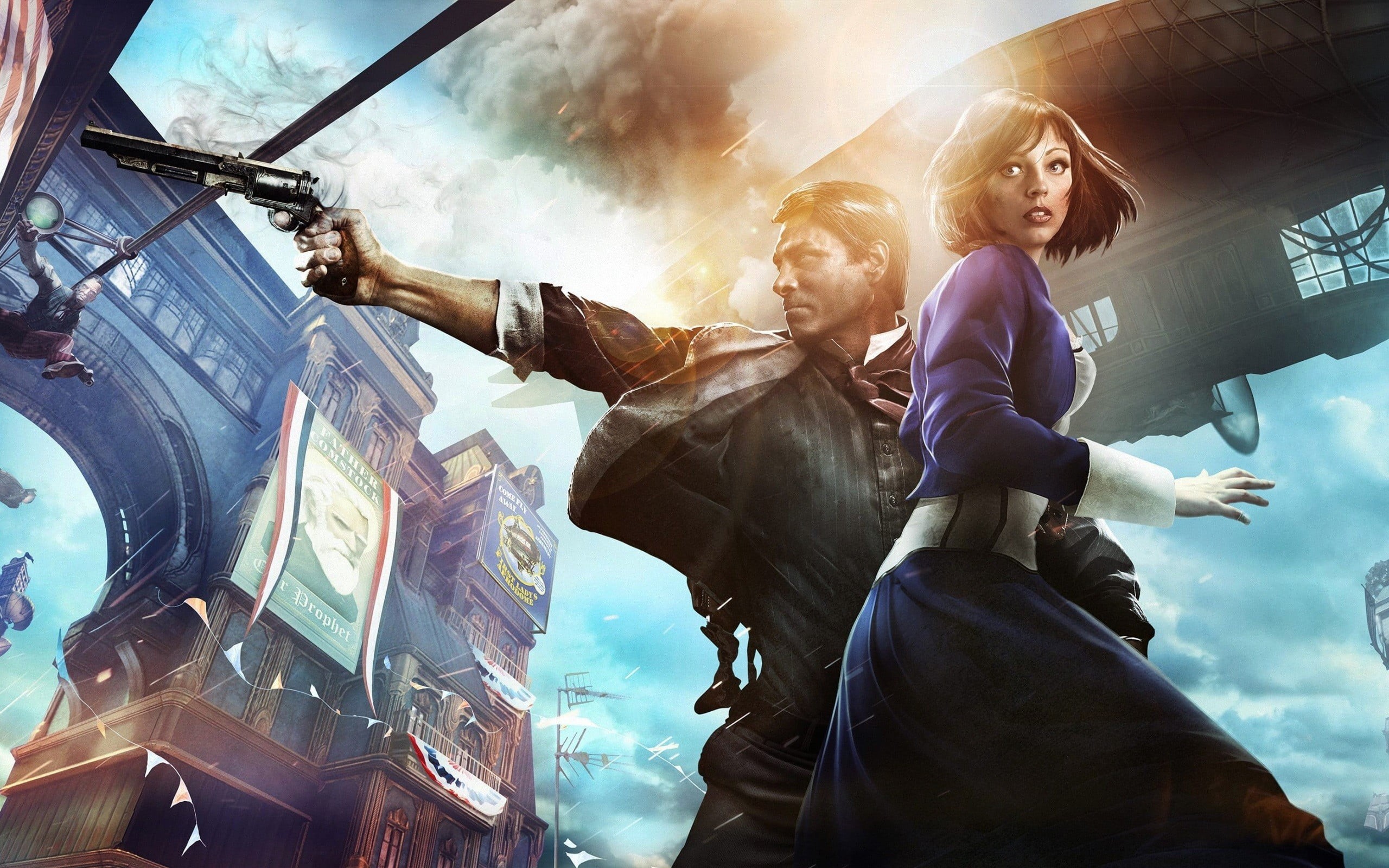 males, human arm, Booker DeWitt, fantasy art, low angle view, Elizabeth (BioShock), men, couple - relationship, 2K, positive emotion, women, young women, HD Wallpaper