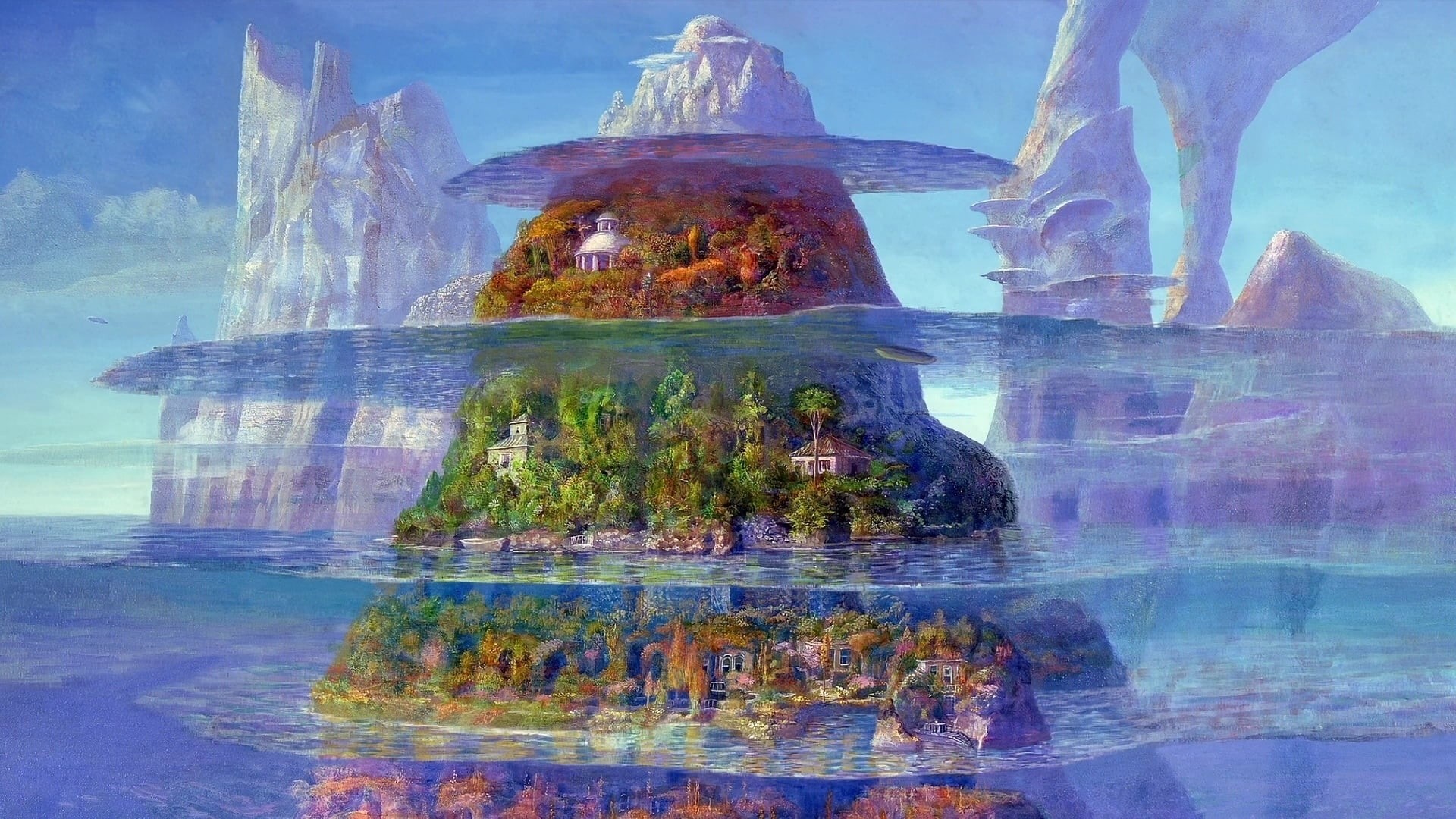 mountains, Time of Iblard, day, building, 1080P, rock formation, reflection, textured effect, built structure, digital composite, architecture, island, HD Wallpaper