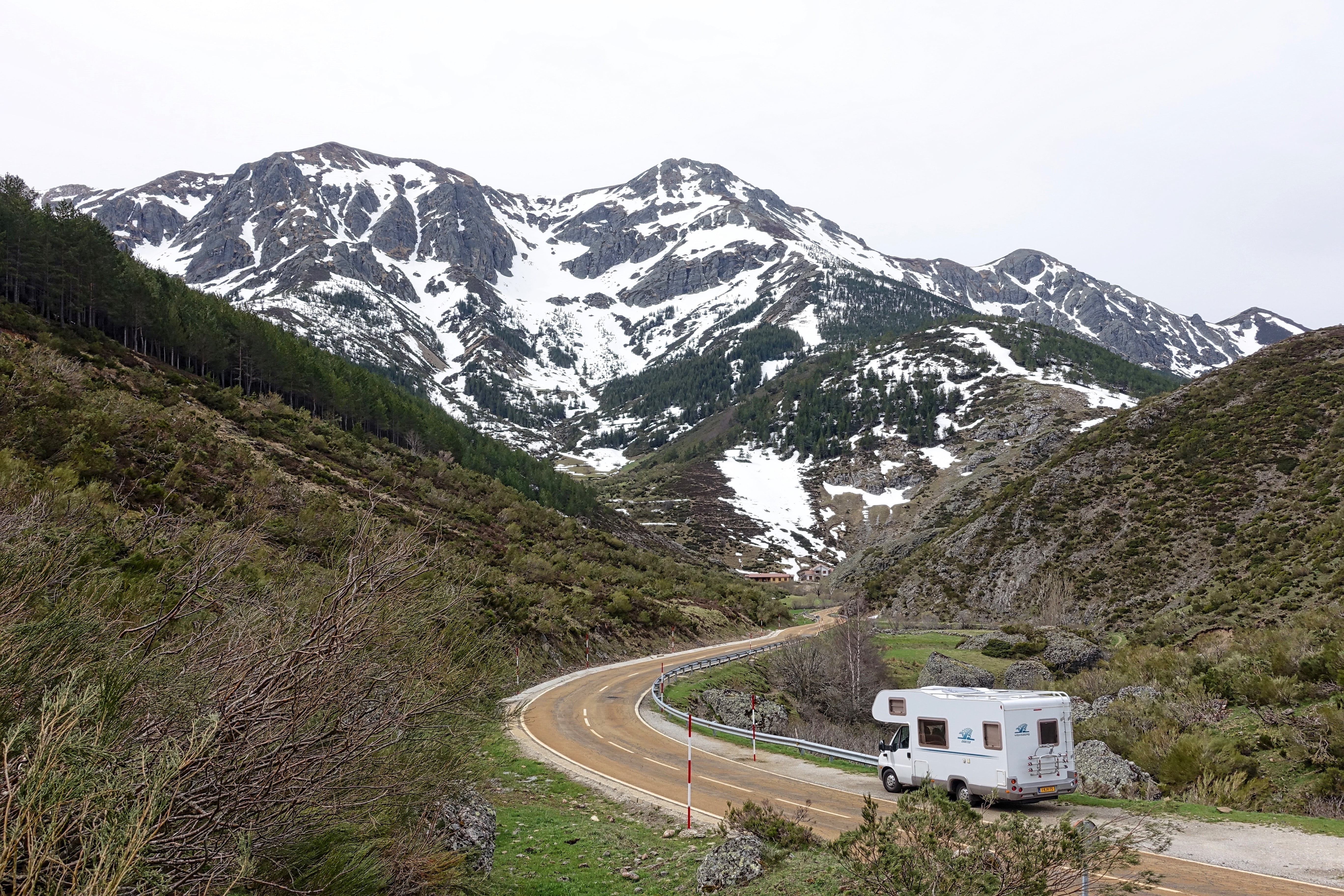 rv, adventure, white, day, mountains, environment, camper, outdoors, plant, tree, no people, class, landscape, non-urban scene, road trip, mode of transportation, HD Wallpaper