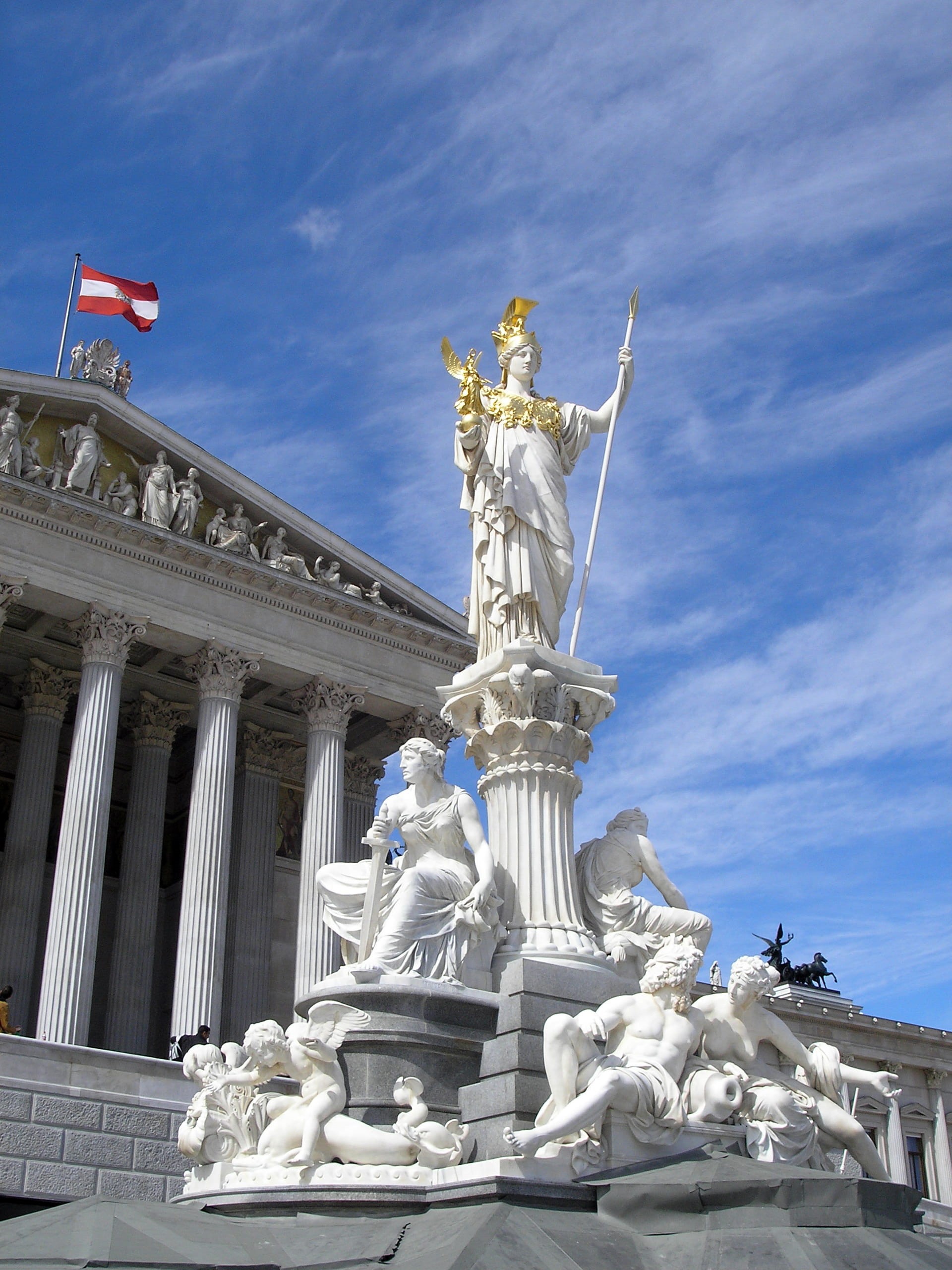 Vienna, photos, art and craft, day, parliament, public domain, austria, sculpture, austrian parliament, cloud - sky, government, famous Place, architectural column, Phone HD Wallpaper