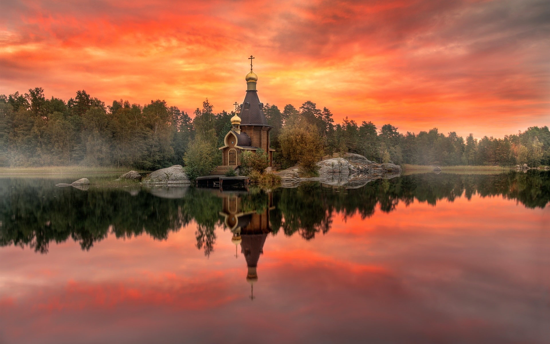 Temple, Sky, Russia, River, Autumn, Trees, 1080P, Karelia, Red, Dusk, HD Wallpaper