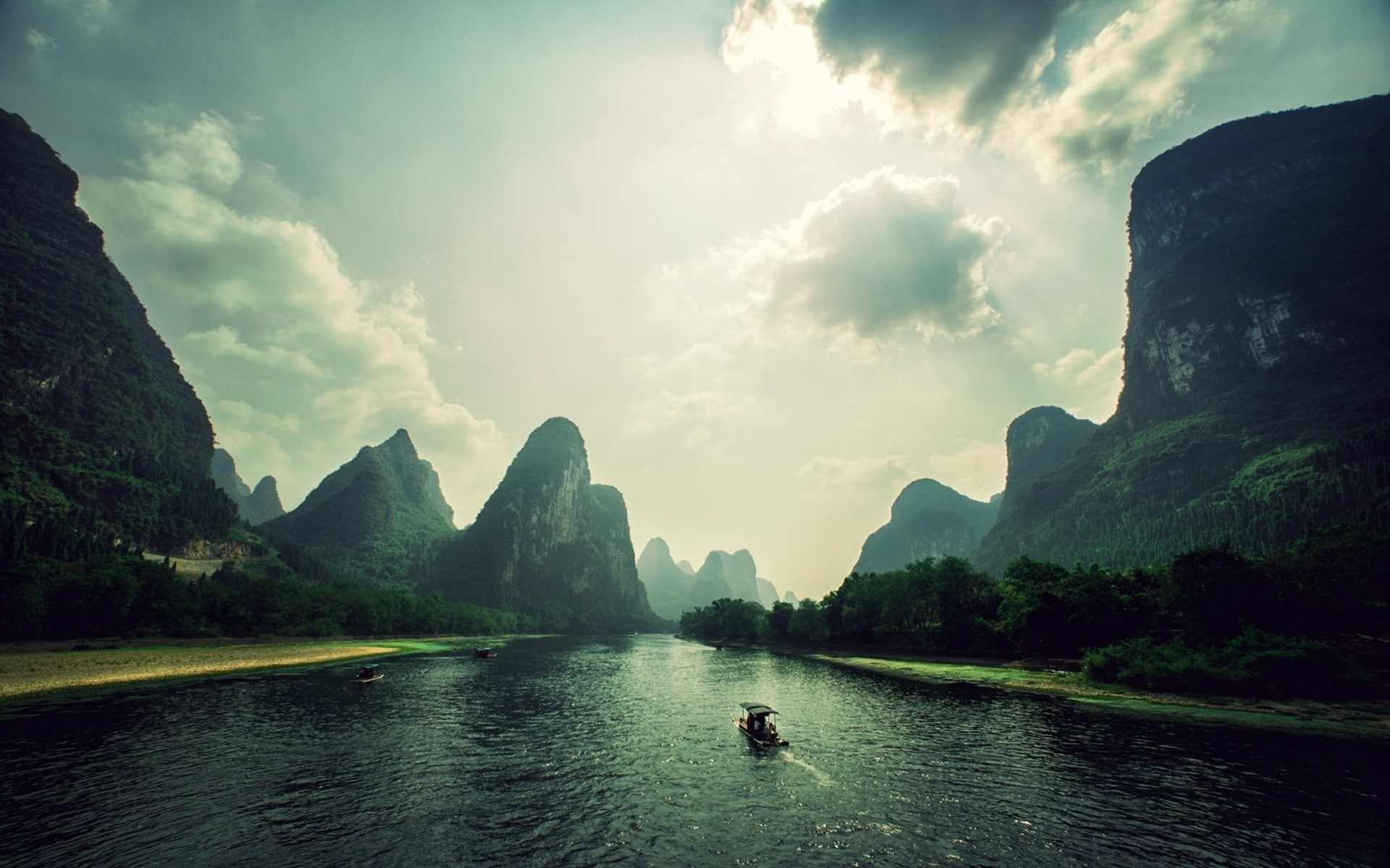 River, Mountains, 1080P, Boat, Clouds, Rocks, Vietnam, Landscape, HD Wallpaper