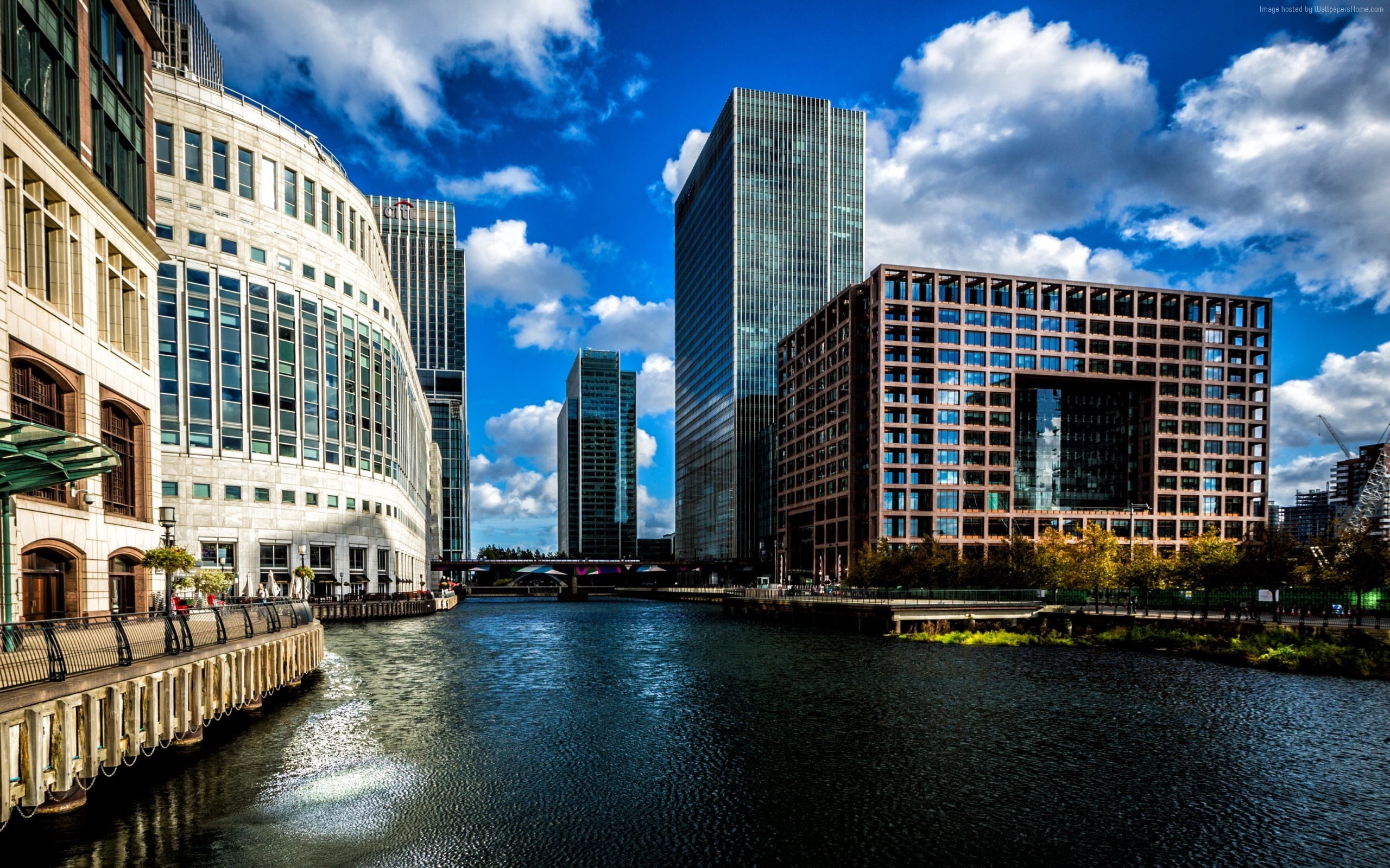 travel destinations, architecture, financial district, office building exterior, sky, water, nature, wharf, built structure, building, 2K, desktop, no people, HD Wallpaper