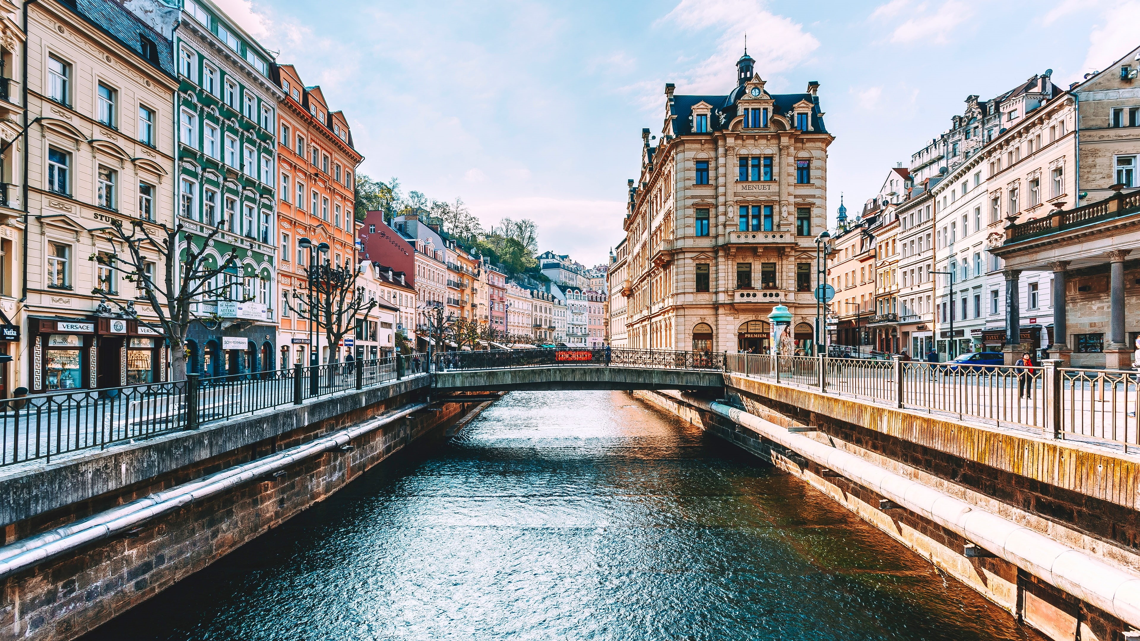 4K, czech republic, channel, karlovy vary, metropolis, czech, watercourse, street, water, sky, river, bridge, reflection, europe, plaza, cityscape, city, HD Wallpaper