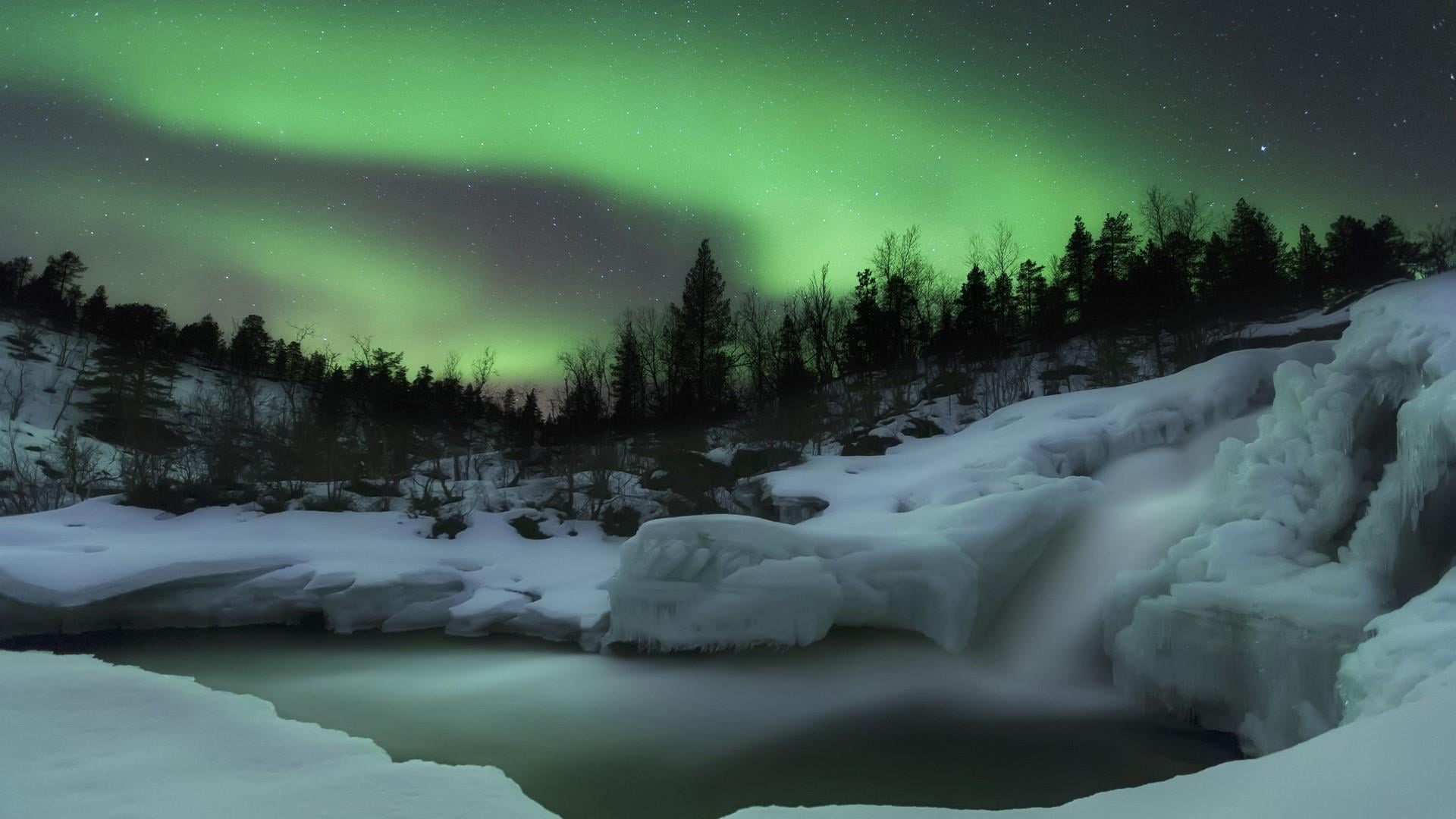 winter, idyllic, scenics - nature, watercourse, frozen, green color, tranquility, cold temperature, nature, aurora borealis, no people, starry night, arctic, HD Wallpaper