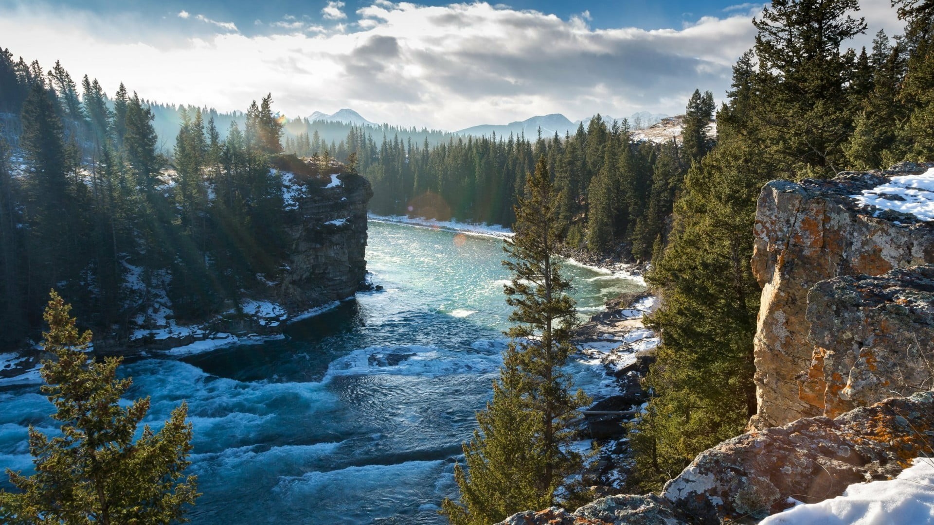 scenics - nature, winter, non-urban scene, canada, nature, sunlight, bow river, watercourse, tranquil scene, power in nature, cloud, 1080P, day, river, HD Wallpaper