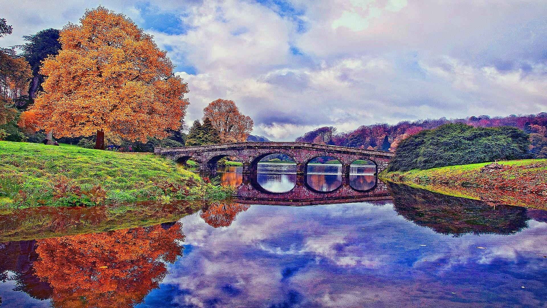 autumn, architecture, canal, beauty in nature, 1080P, transportation, united kingdom, plant, stourhead gardens, scenics - nature, change, tranquility, HD Wallpaper