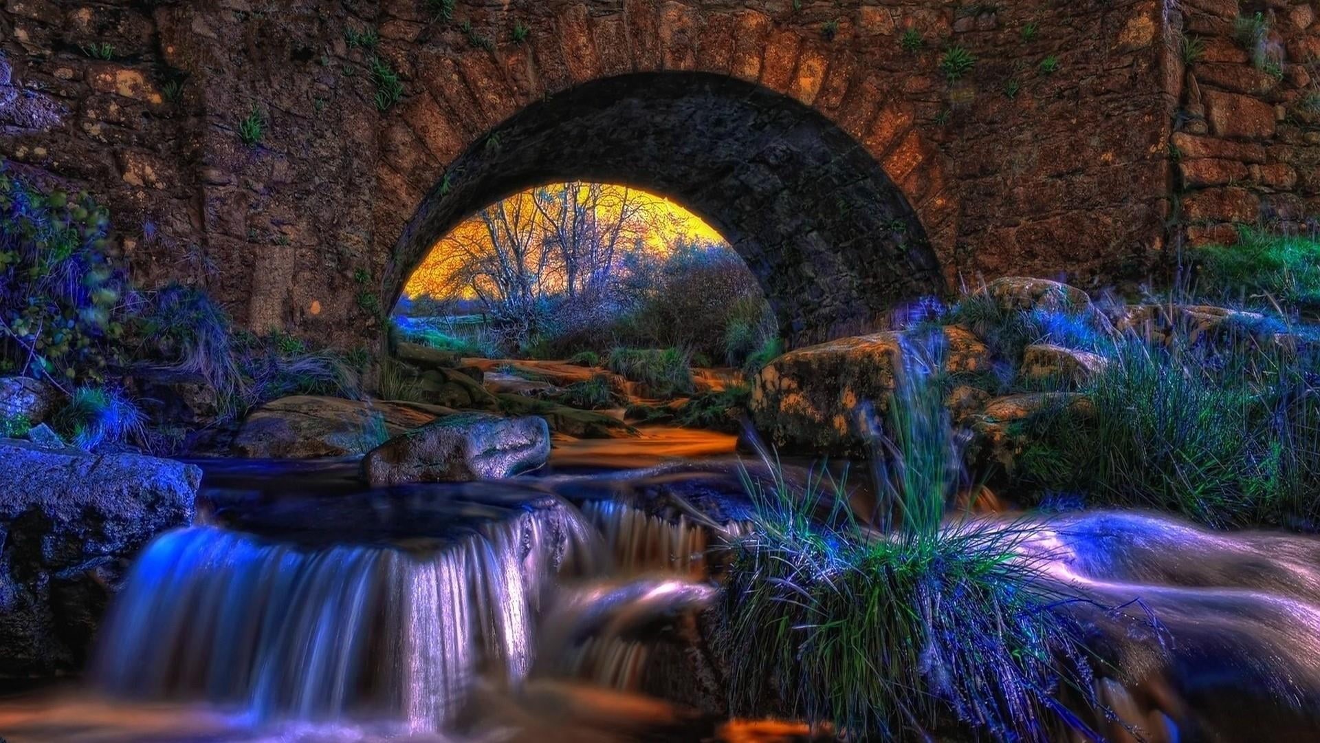 united kingdom, flowing, architecture, cascade, europe, built structure, bridge, arch, watercourse, 1080P, arched, bridge - man made structure, landscape, HD Wallpaper
