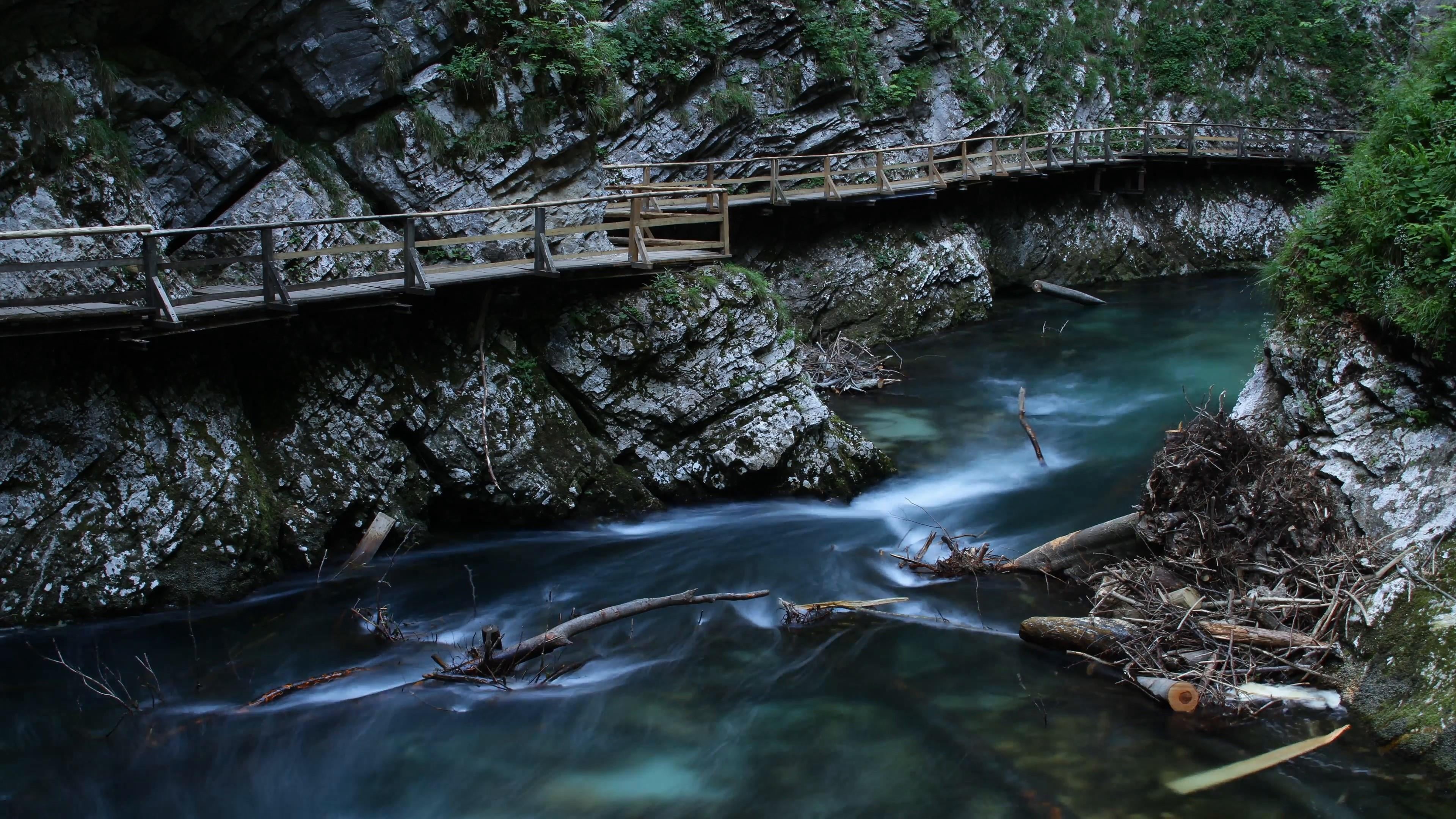 flowing water, path, 4K, outdoors, plant, rock, bled, wood, stream, flowing, slovenia, rock - object, built structure, connection, water, river, motion, HD Wallpaper