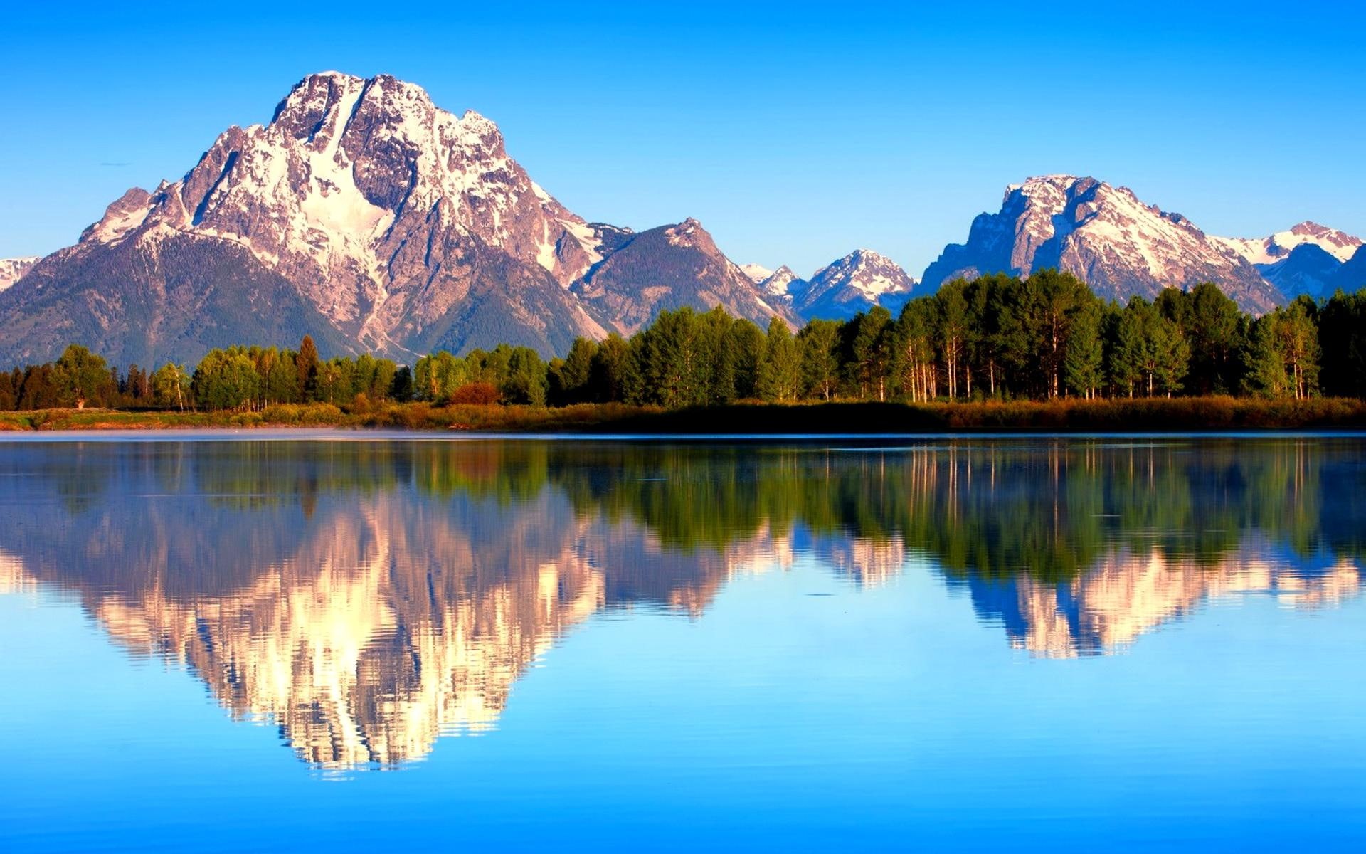 1080P, morning, forest, jackson, summer, nature, wyoming, lake, body, water, reflection, mount moran, grand teton national park, HD Wallpaper