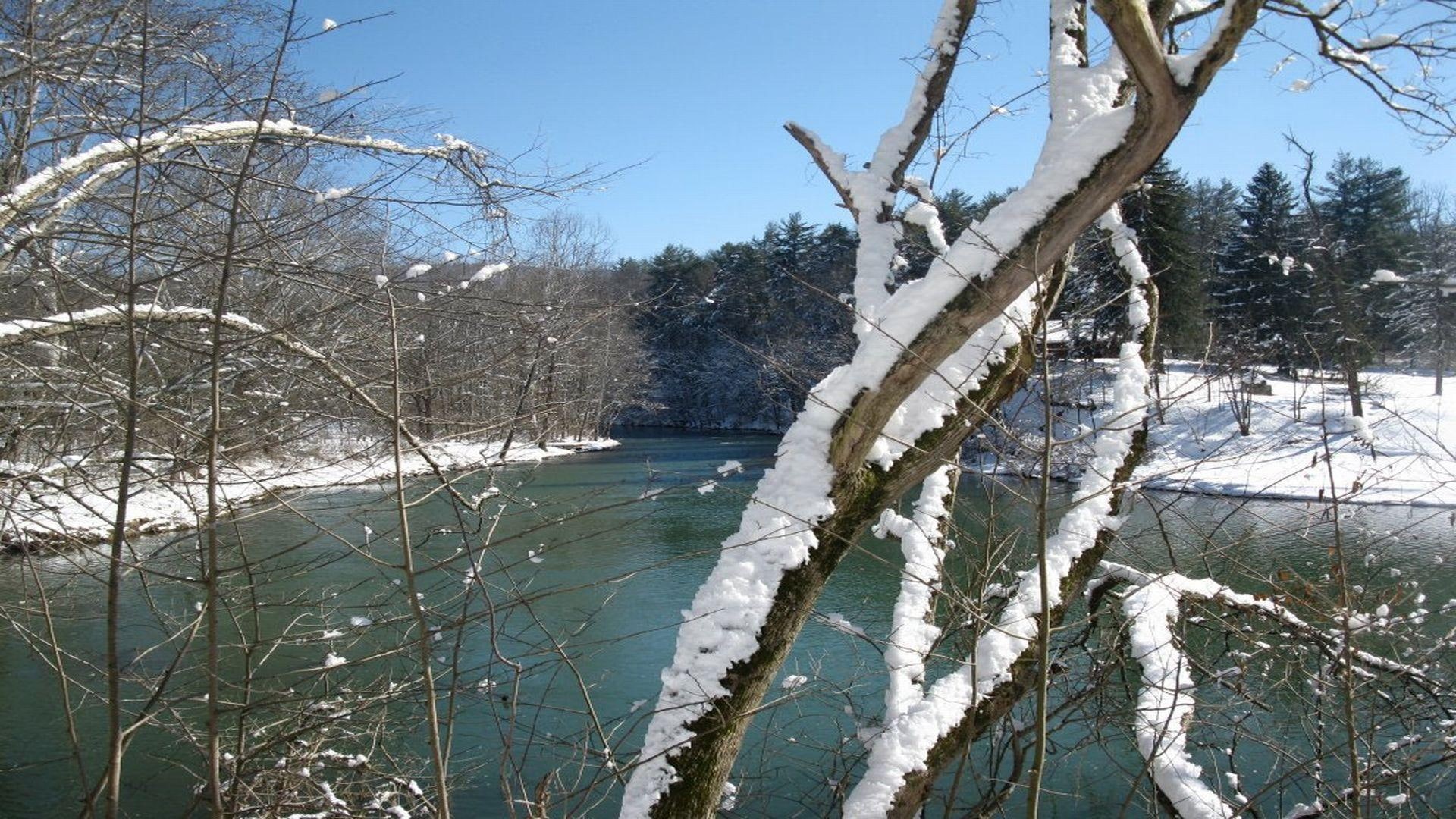 snow, lake moowmaw, covington, 1080P, alleghany county, jackson river, 3d and abstract, snowy, river, HD Wallpaper