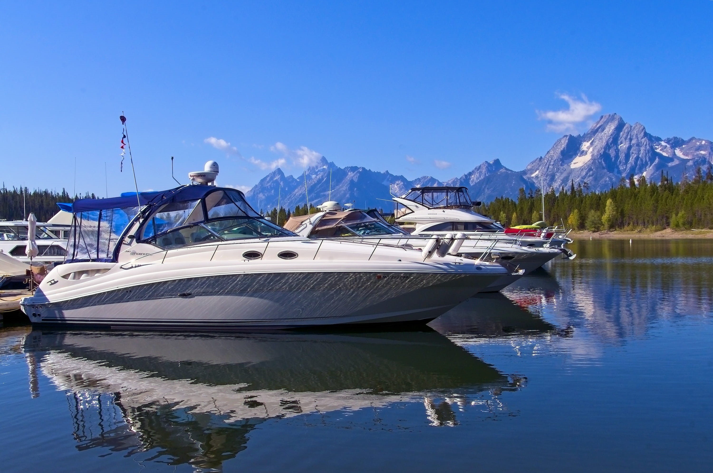 grand teton national park, outdoor, nautical vessel, mountains, landscape, snowcapped mountain, clouds, waters, passenger craft, blue, mountain range, sailboat, HD Wallpaper