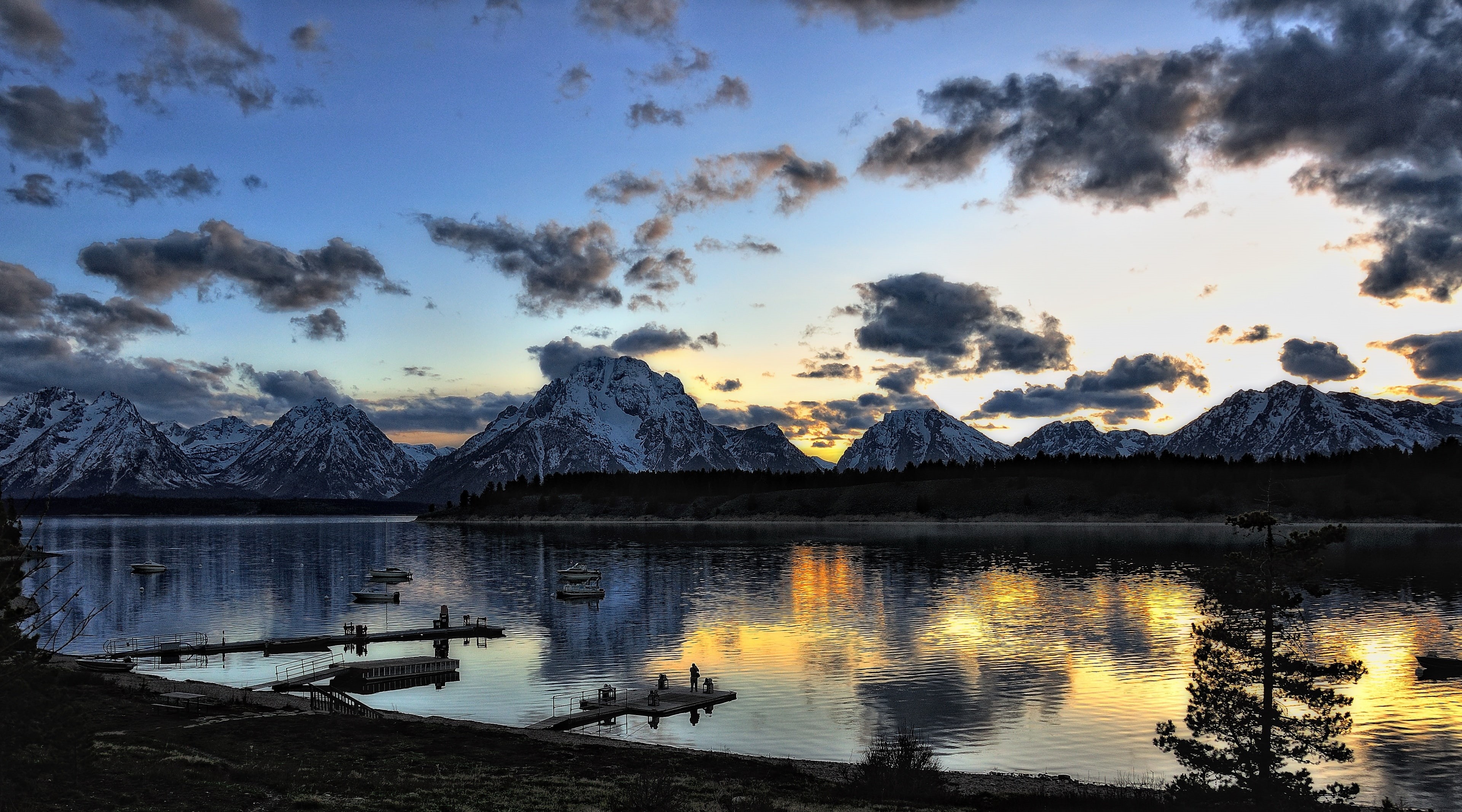 4K, Tetons, Teton, jacksonlake, Grand, Skies, nikond90, National, States, grandtetons, Sunset, Lake, United, snowcapped, Clouds, Boats, United States, HD Wallpaper