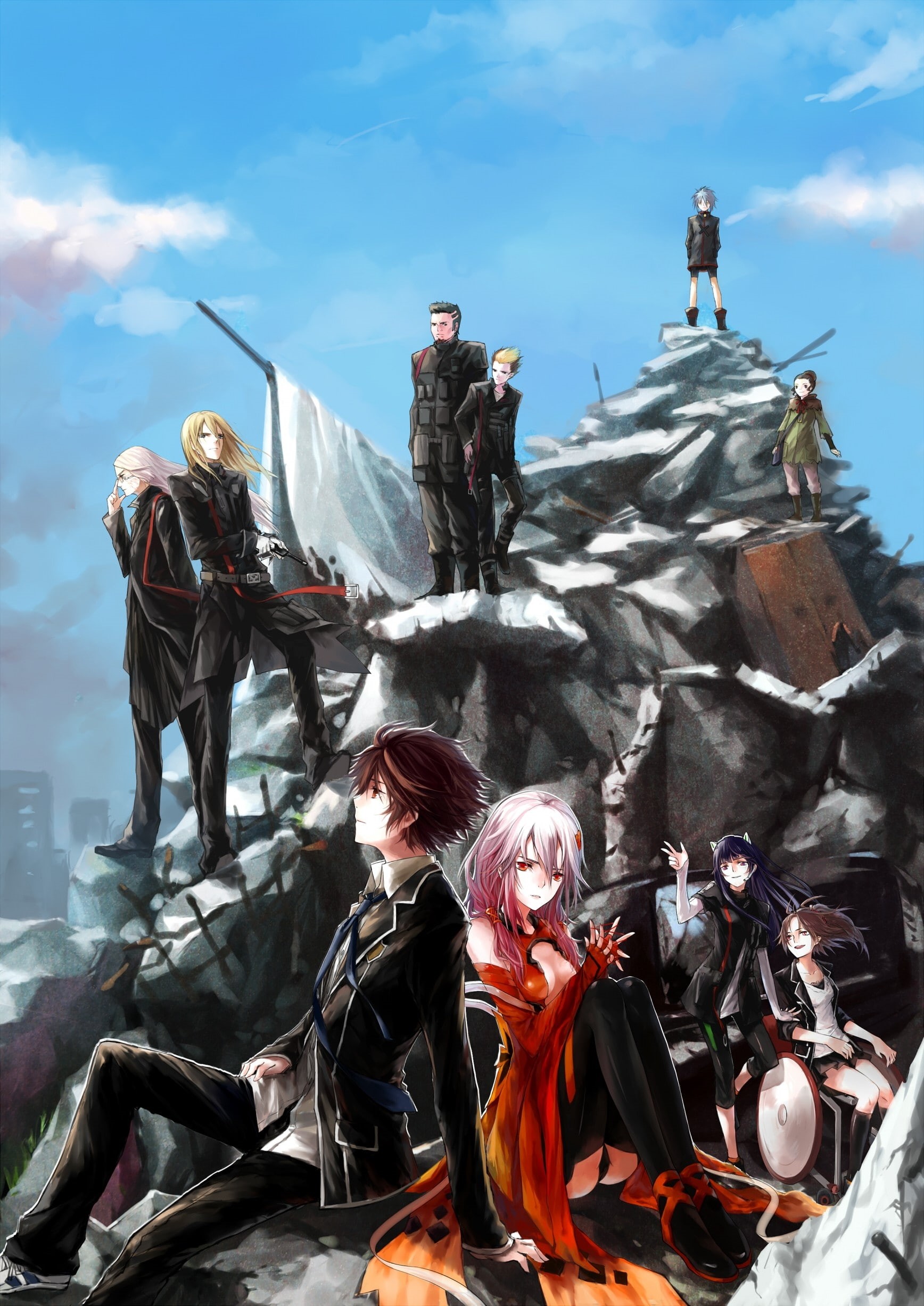 brunettes, hair, tie, cleavage, 1080P, guns, hd, lon, blondes, glasses, school, clouds, people, pink, war, art, uniforms, ruins, gloves, skirts, pants, Phone HD Wallpaper