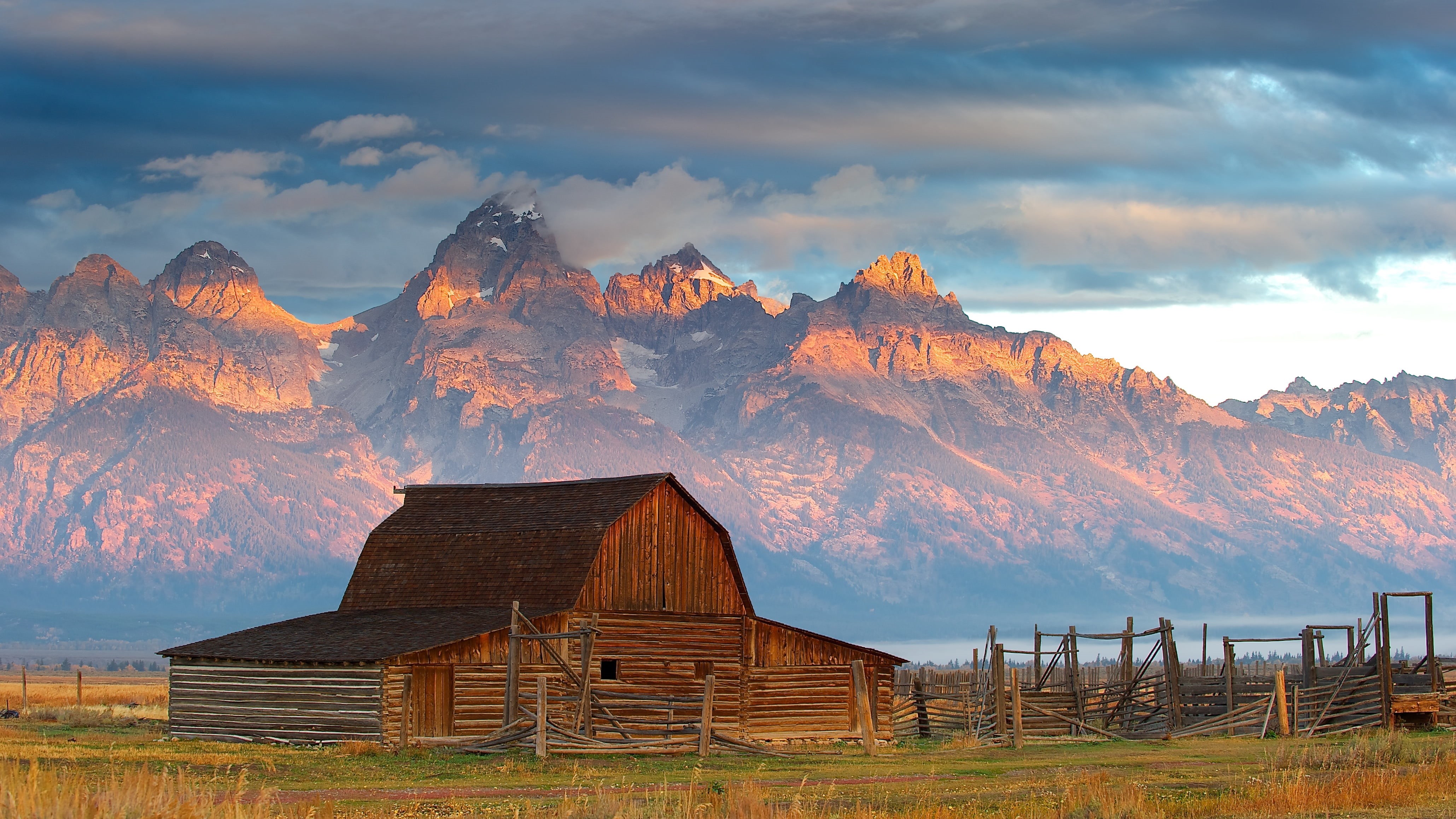 wood - Material, outdoors, 4K, rural Scene, landscape, house, autumn, mountain, behind the mountains, Nature, behind, LJ, grand Teton National Park, sky, HD Wallpaper