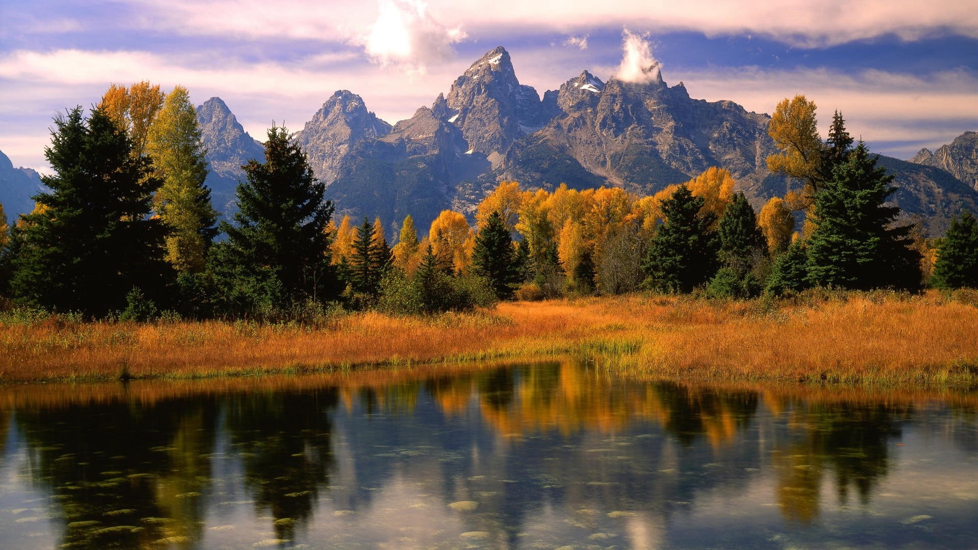 reflection, cloud - sky, idyllic, autumn, bank, waterfront, national park, snake river, change, outdoors, mountain range, forest, mount scenery, mountain peak, HD Wallpaper